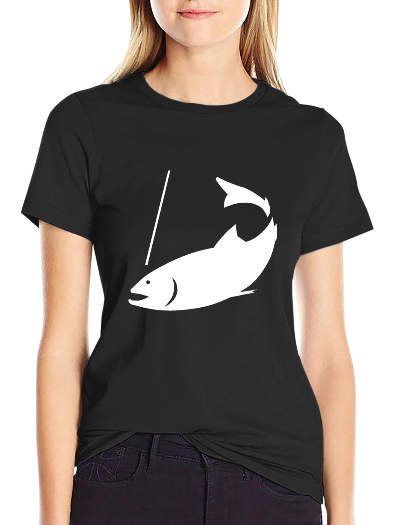 Fishing T-Shirt - Black Tee with White Fish Graphic