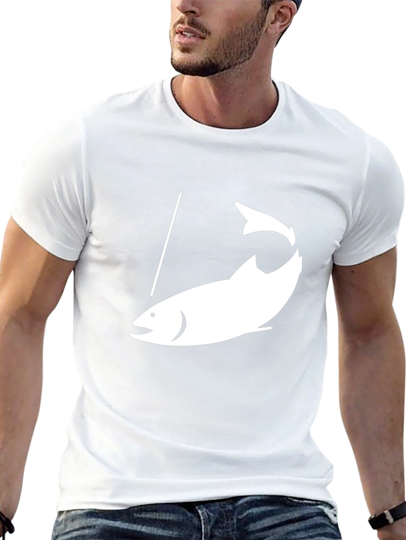 Fishing T-Shirt - Black Tee with White Fish Graphic