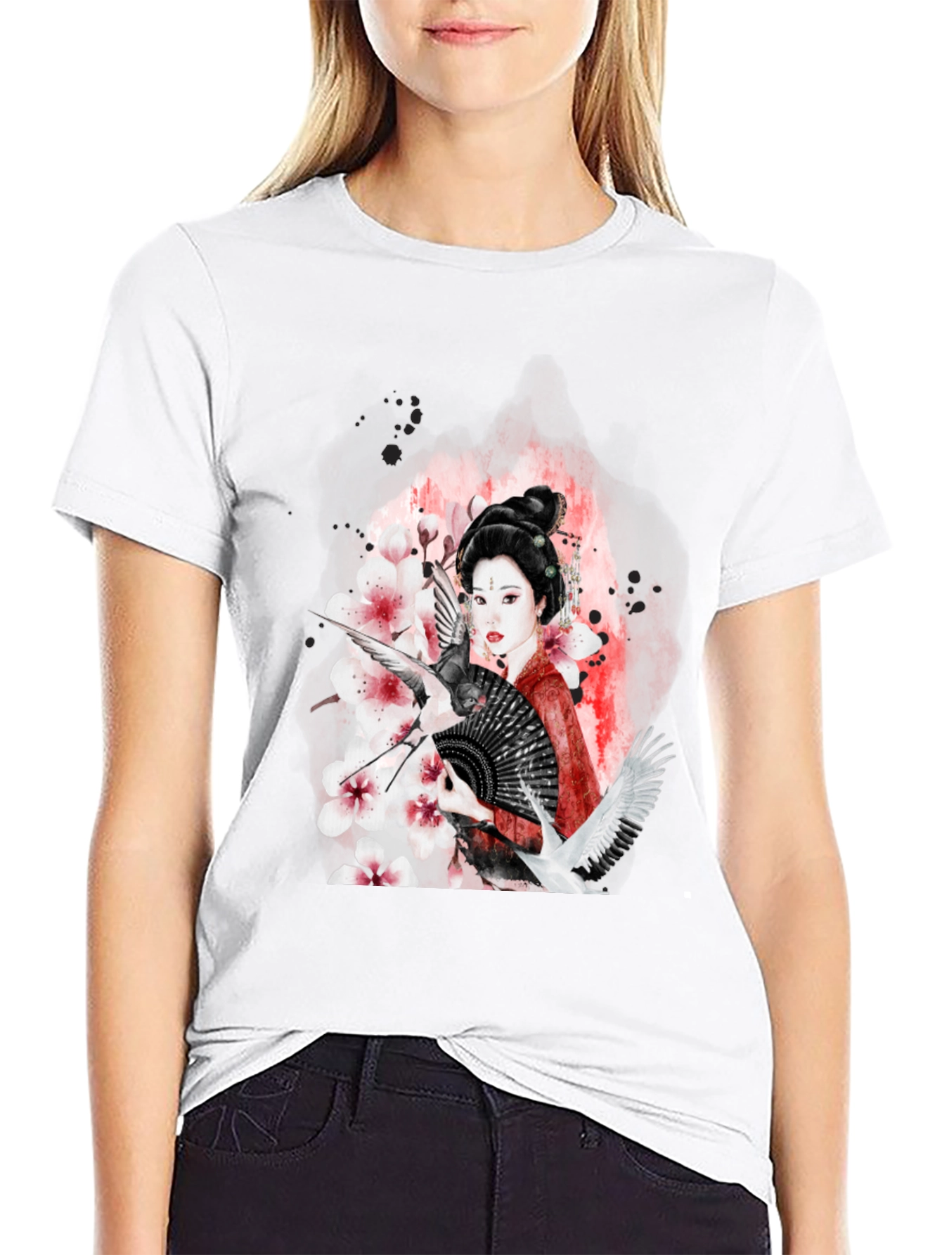 Geisha Art Black T-Shirt - Crane & Blossom Design