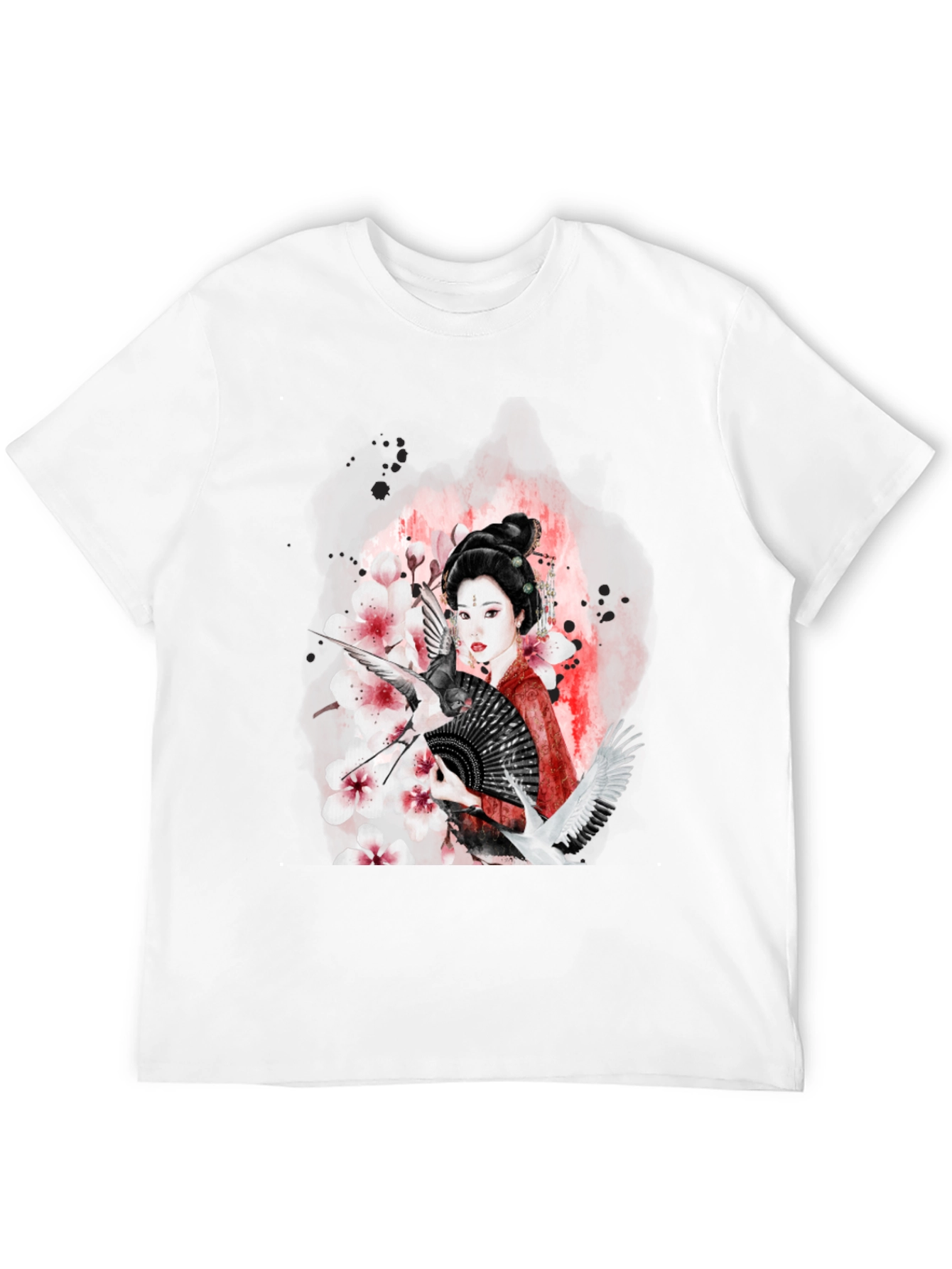 Geisha Art Black T-Shirt - Crane & Blossom Design