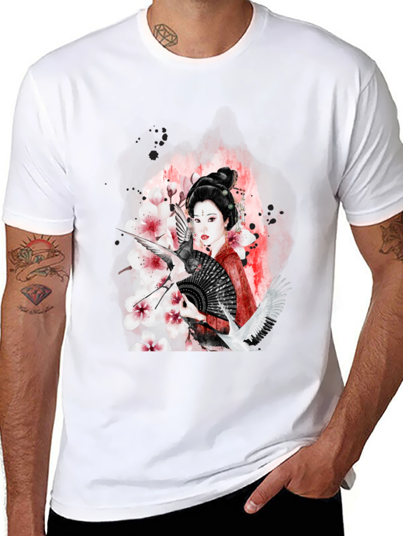 Geisha Art Black T-Shirt - Crane & Blossom Design