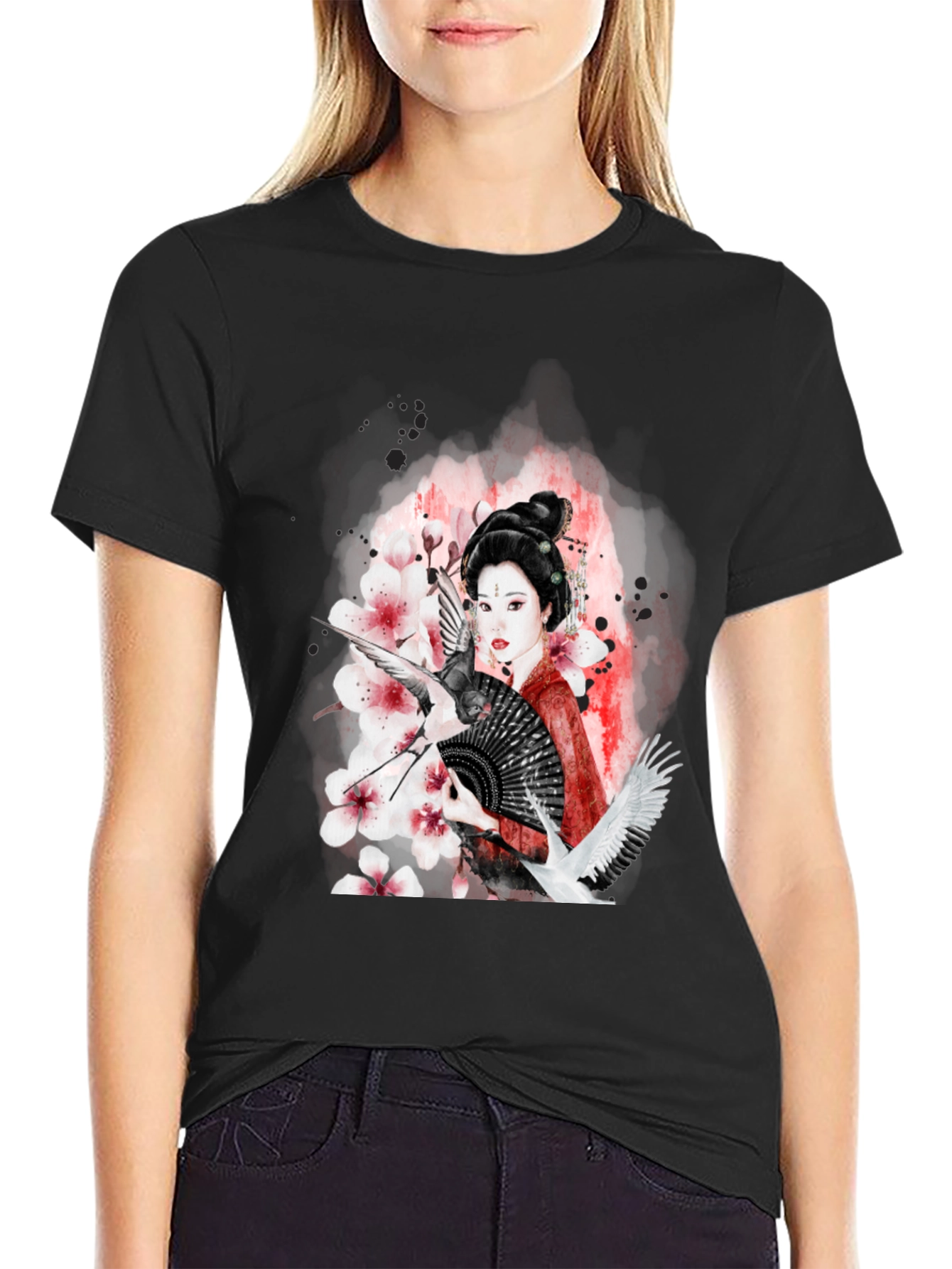 Geisha Art Black T-Shirt - Crane & Blossom Design