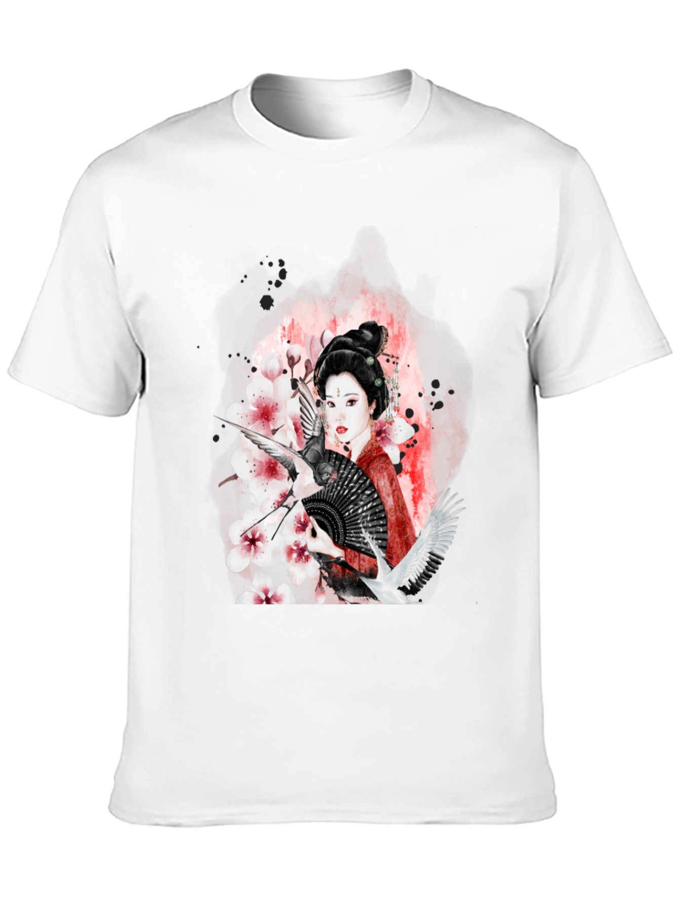 Geisha Art Black T-Shirt - Crane & Blossom Design