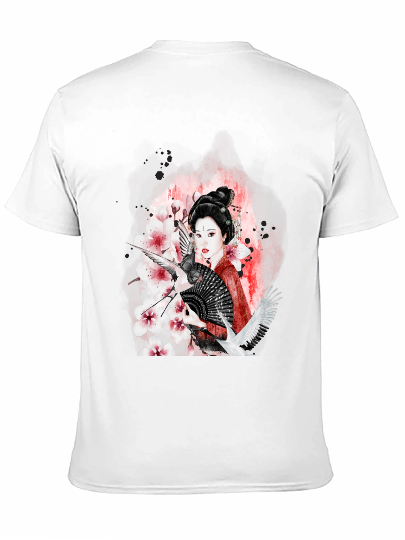 Geisha Art Black T-Shirt - Crane & Blossom Design
