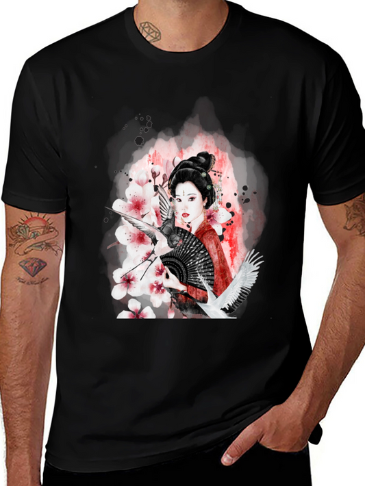 Geisha Art Black T-Shirt - Crane & Blossom Design