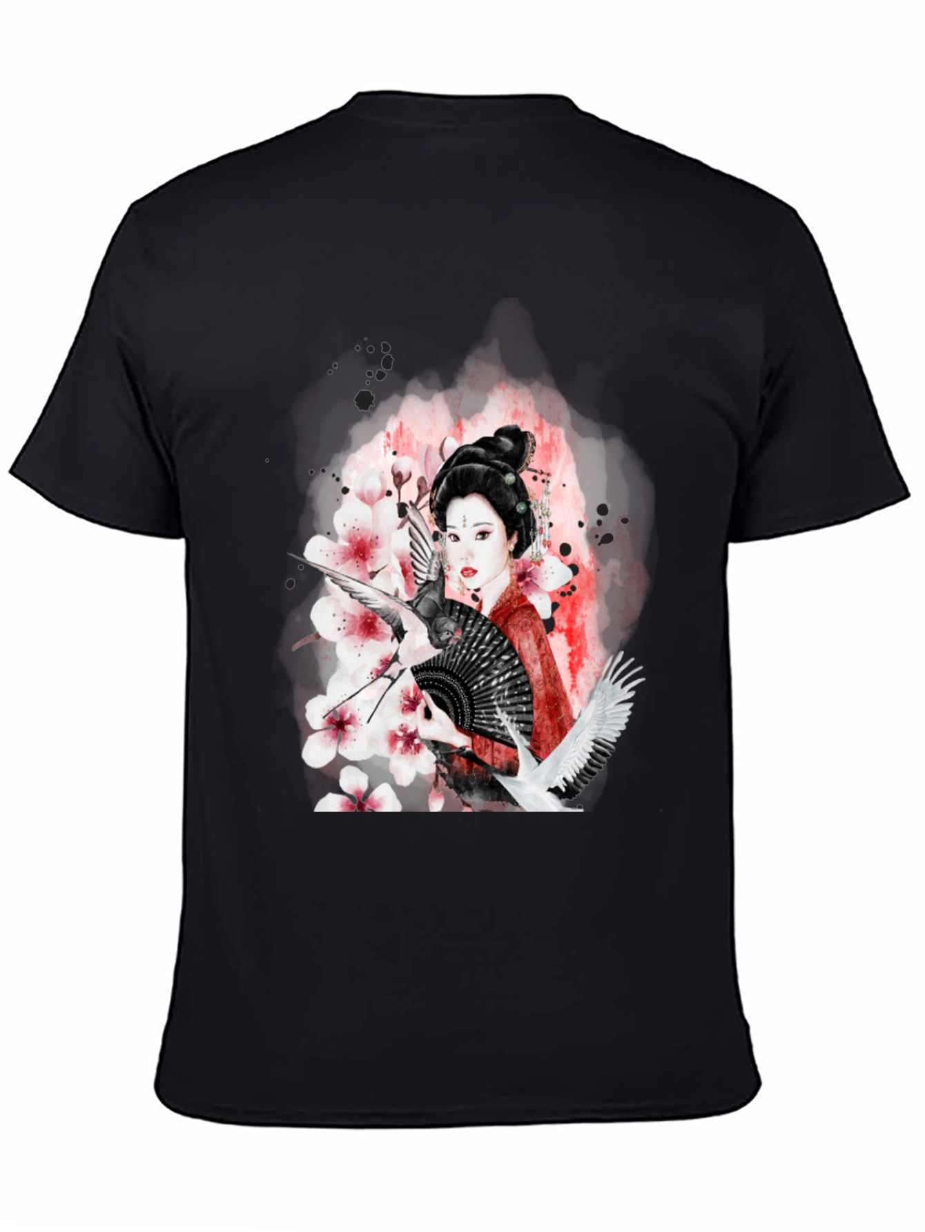 Geisha Art Black T-Shirt - Crane & Blossom Design
