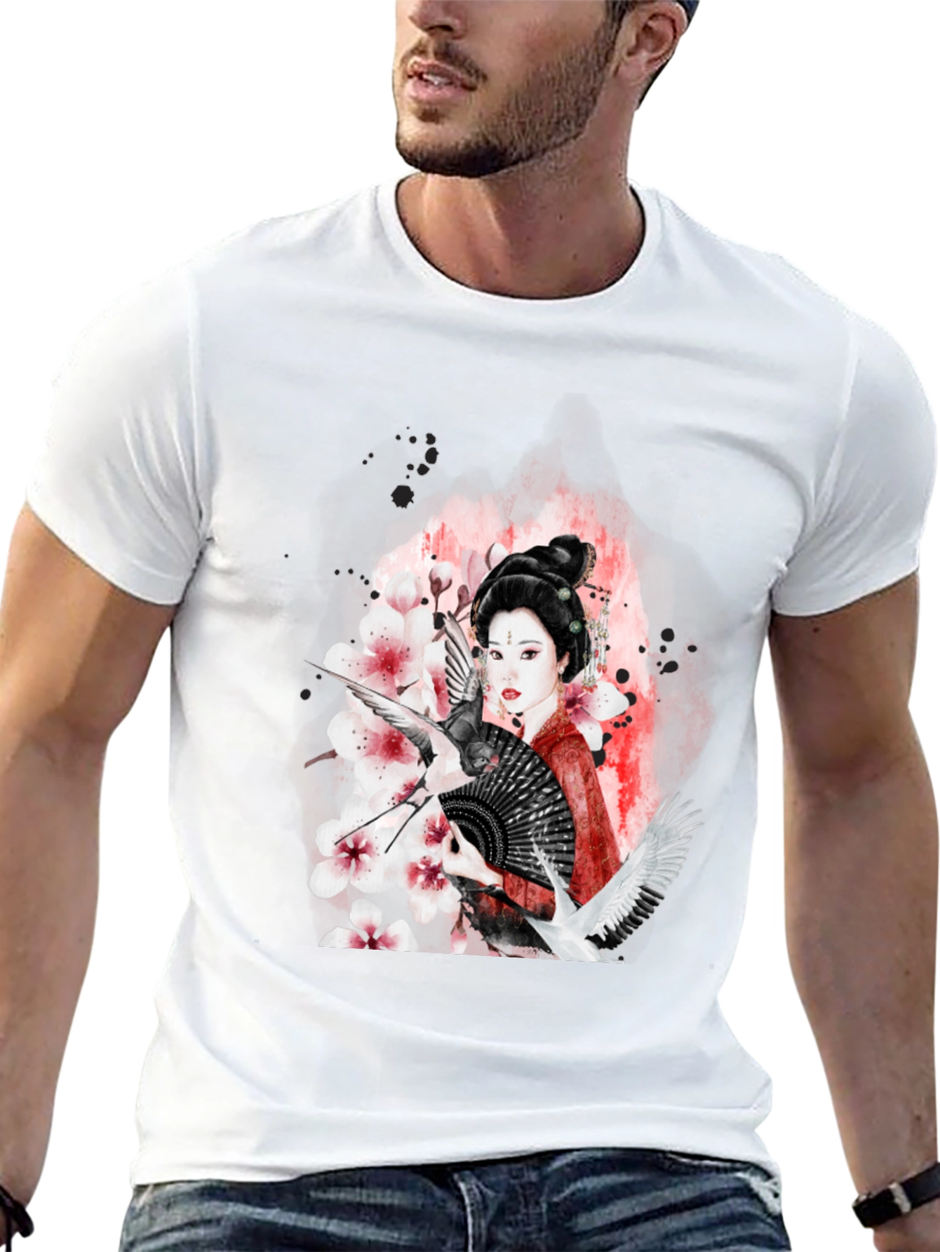 Geisha Art Black T-Shirt - Crane & Blossom Design
