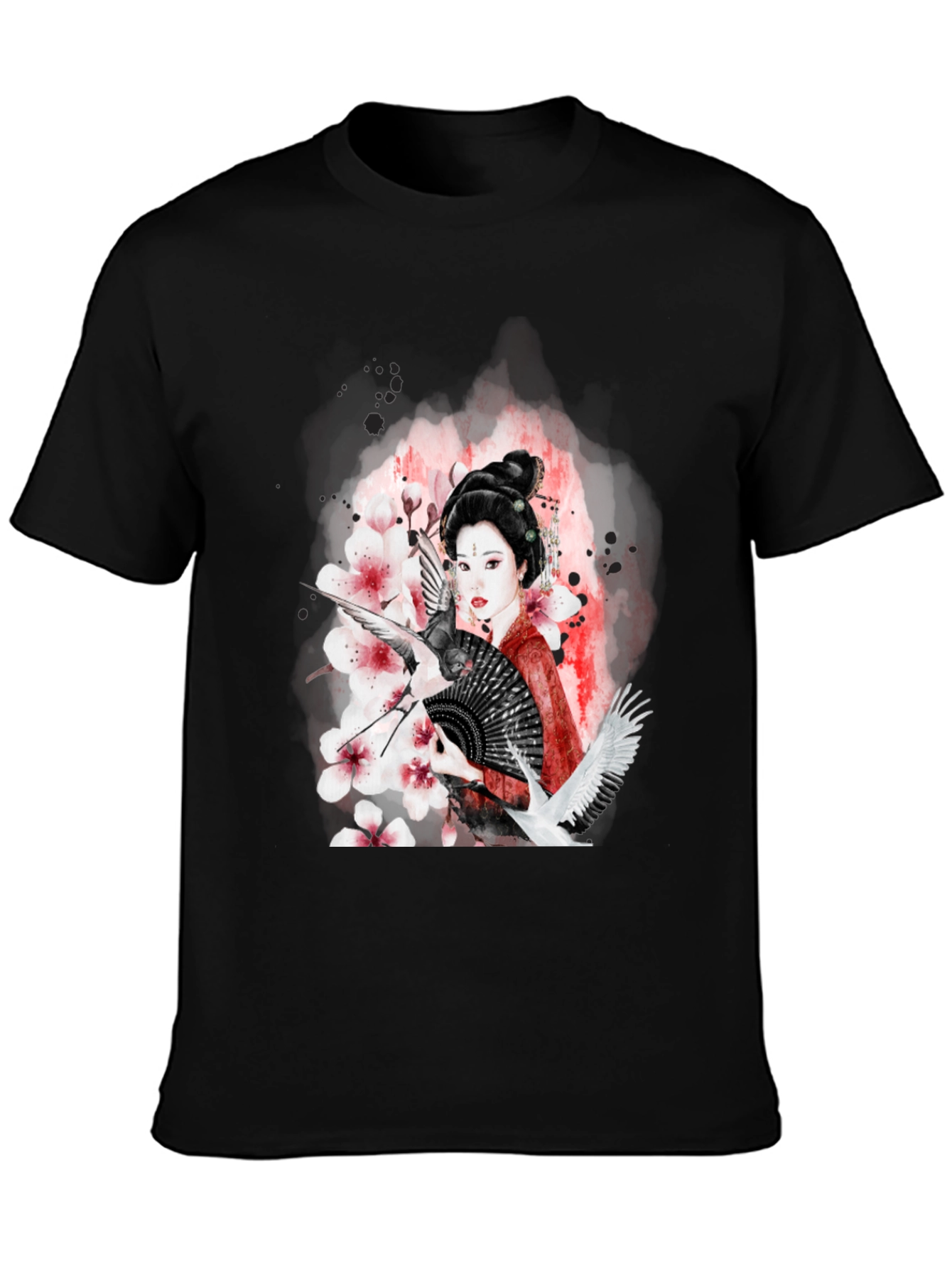 Geisha Art Black T-Shirt - Crane & Blossom Design