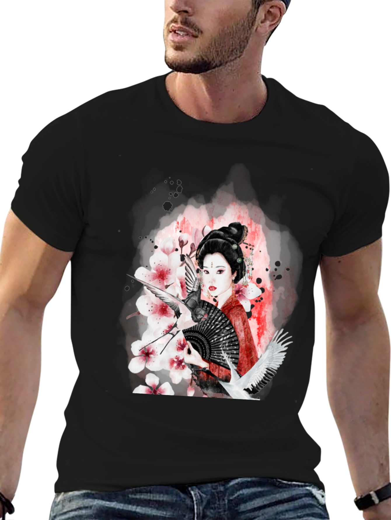 Geisha Art Black T-Shirt - Crane & Blossom Design