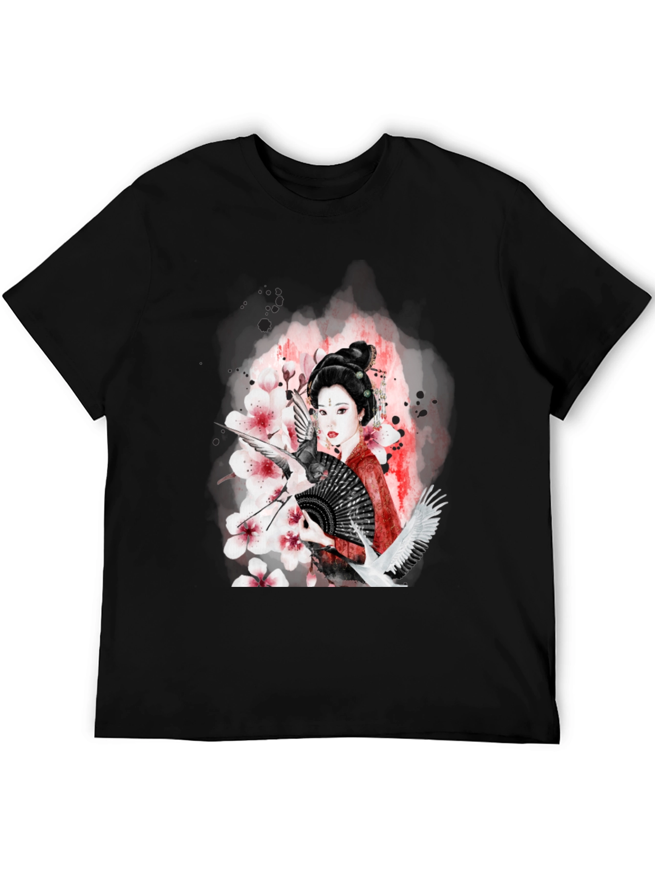Geisha Art Black T-Shirt - Crane & Blossom Design