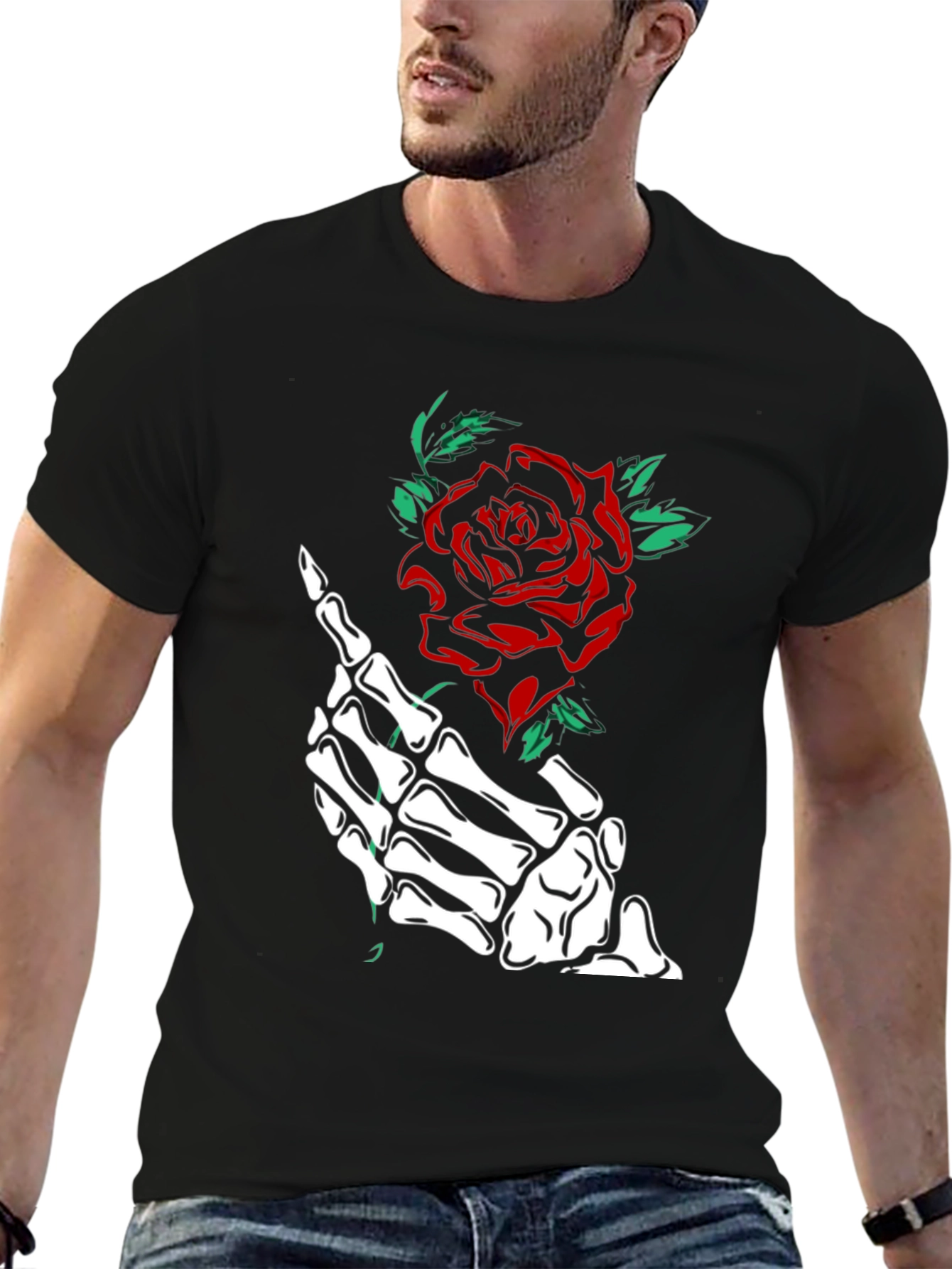 Rose & Skeleton Hand Graphic Tee - Black