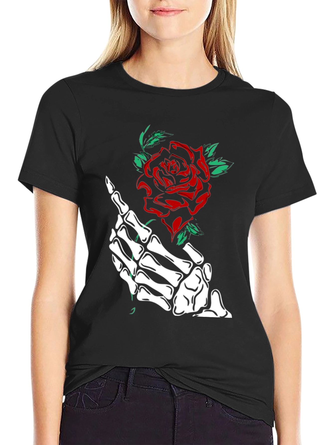 Rose & Skeleton Hand Graphic Tee - Black