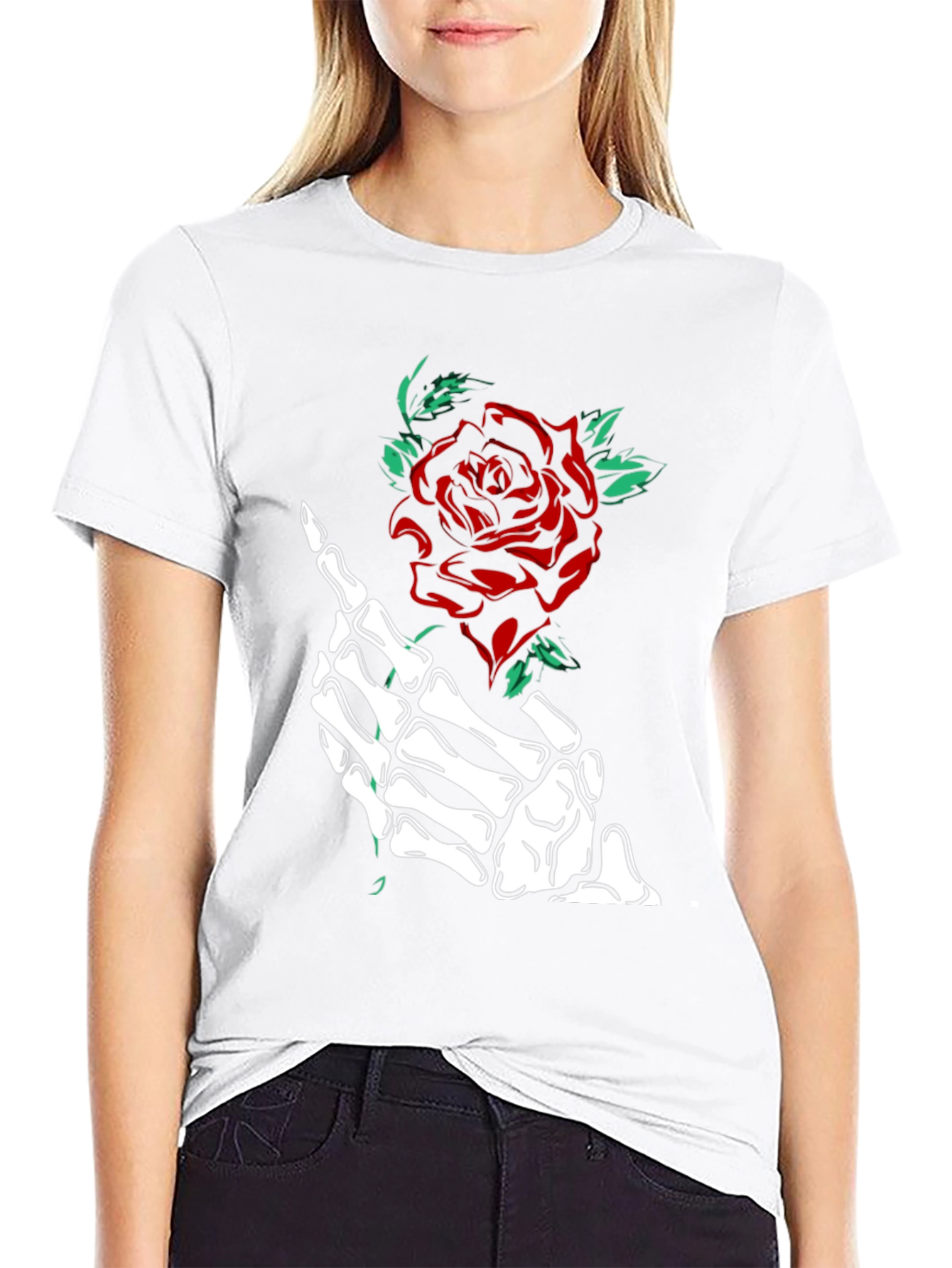 Rose & Skeleton Hand Graphic Tee - Black