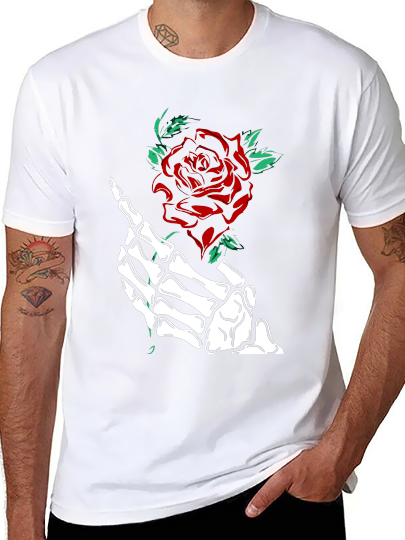 Rose & Skeleton Hand Graphic Tee - Black