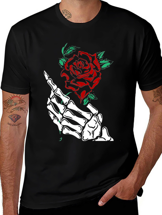 Rose & Skeleton Hand Graphic Tee - Black