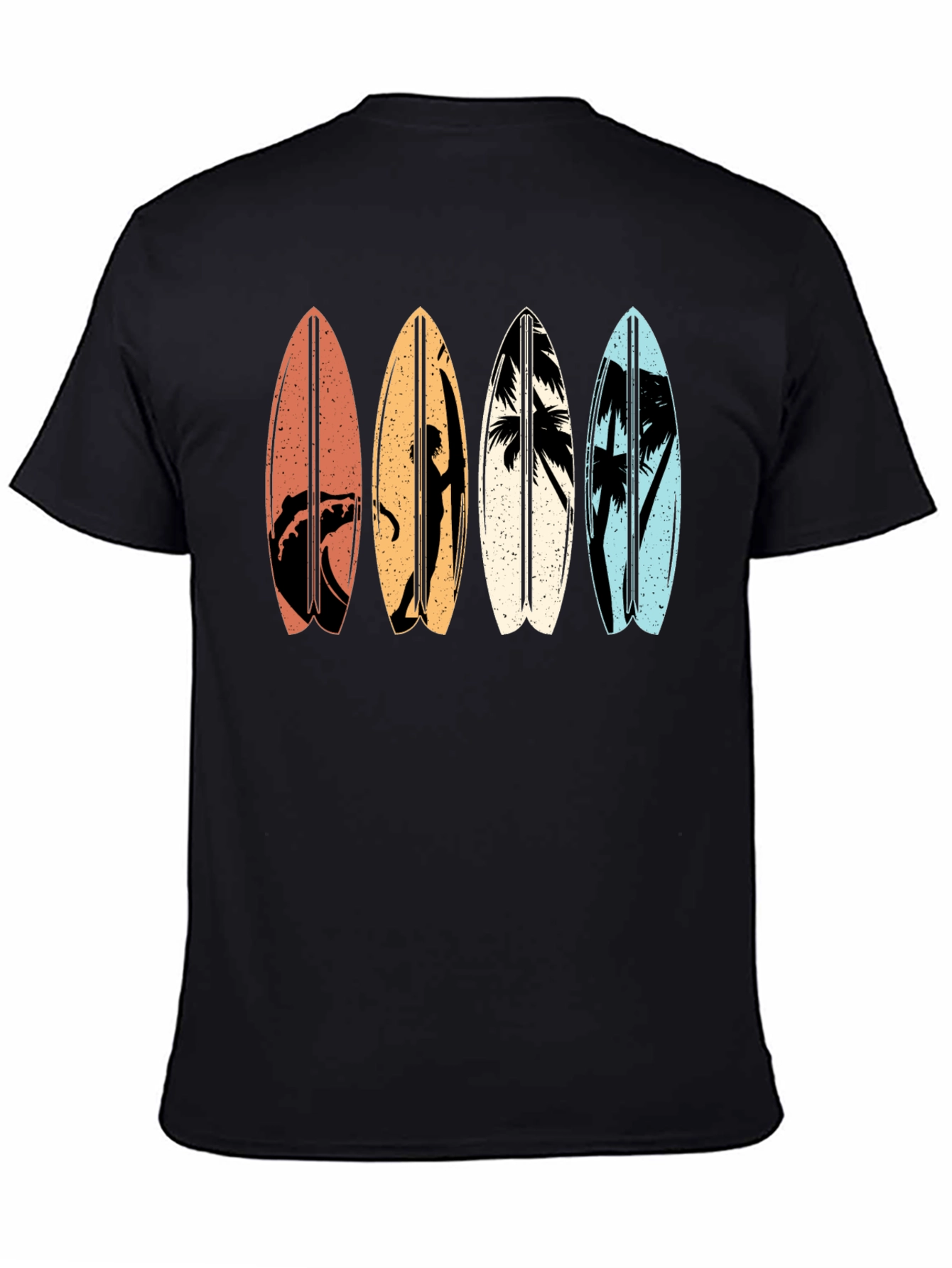 Retro Surfboard Graphic Tee - Black Cotton T-Shirt