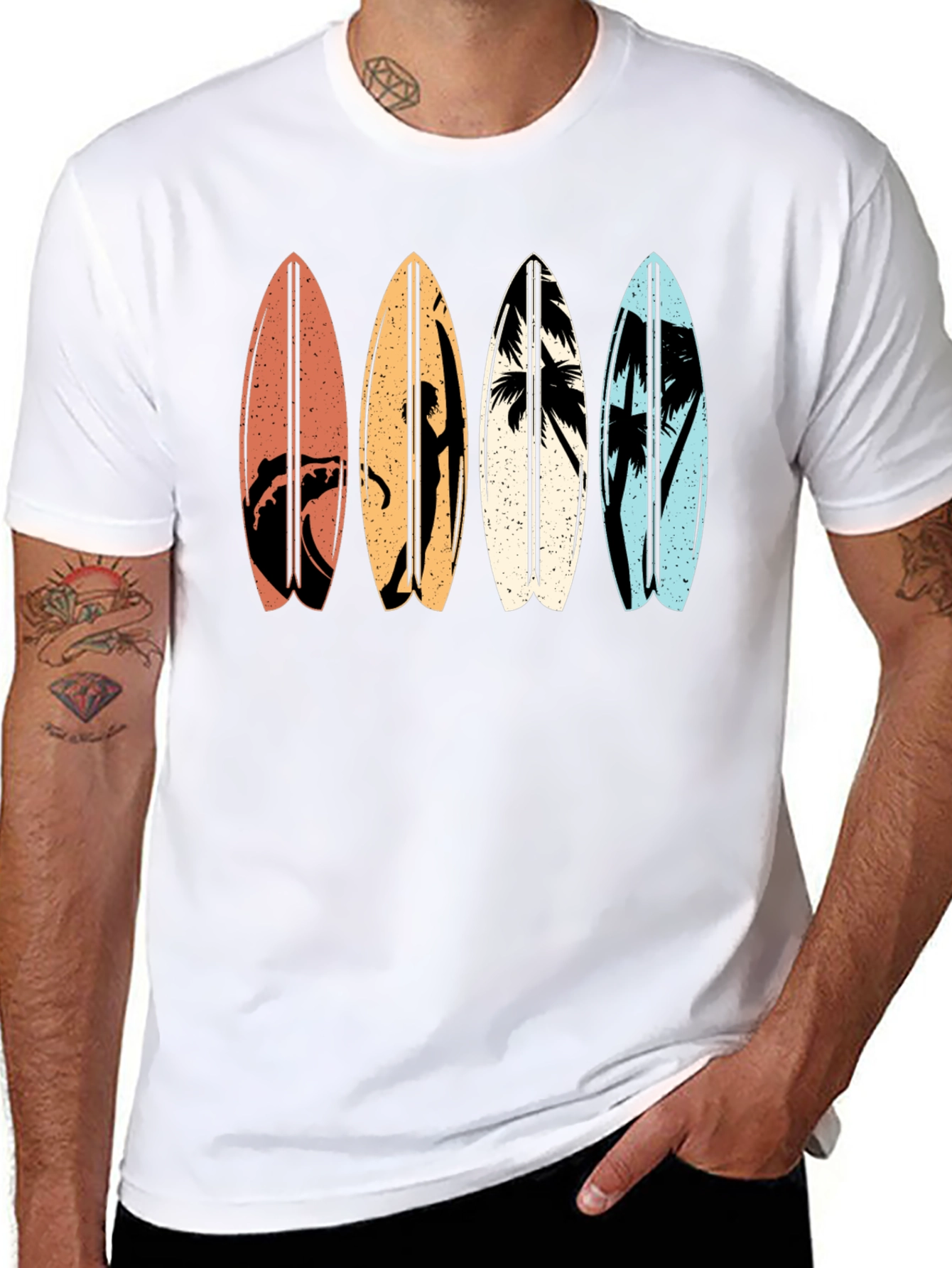 Retro Surfboard Graphic Tee - Black Cotton T-Shirt