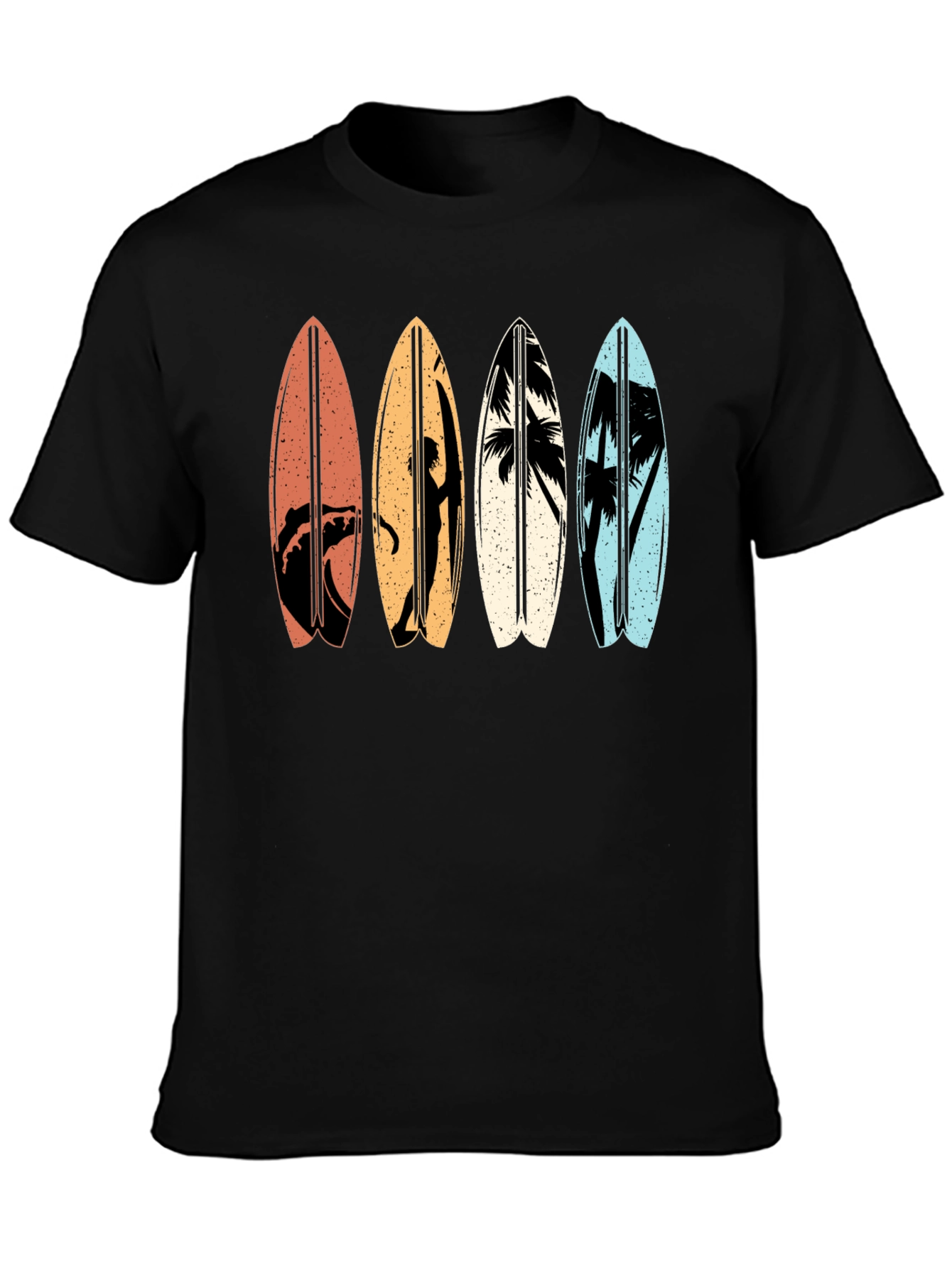 Retro Surfboard Graphic Tee - Black Cotton T-Shirt