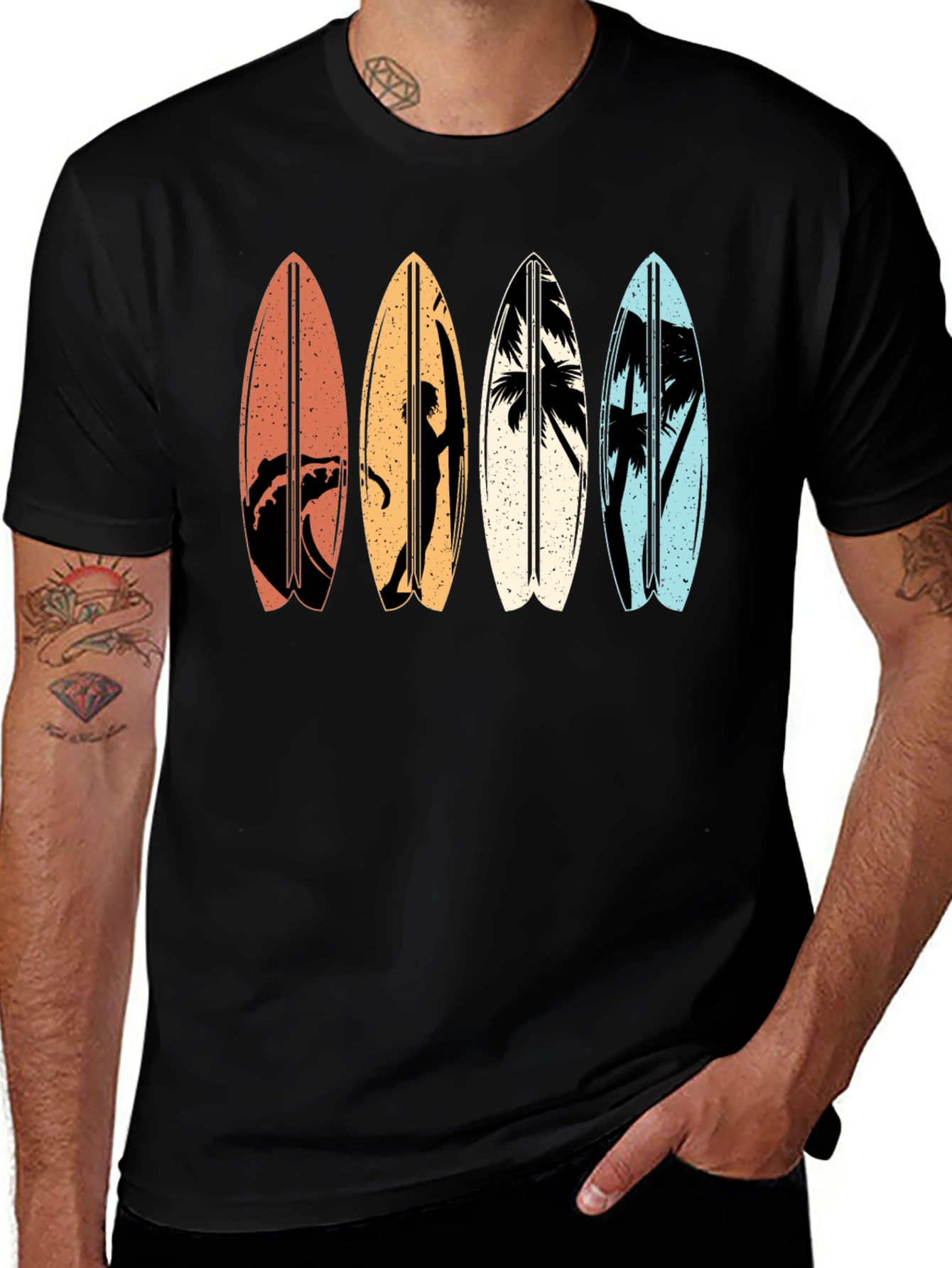 Retro Surfboard Graphic Tee - Black Cotton T-Shirt