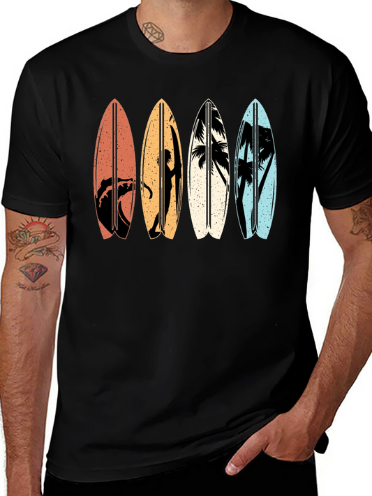 Retro Surfboard Graphic Tee - Black Cotton T-Shirt