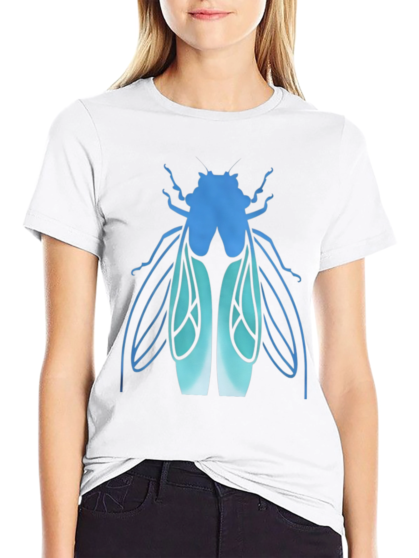 Blue Insect Graphic Black T-Shirt