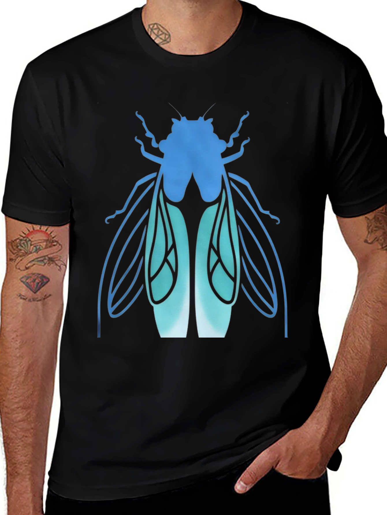 Blue Insect Graphic Black T-Shirt