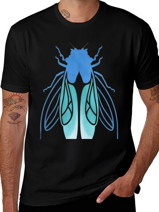 Blue Insect Graphic Black T-Shirt