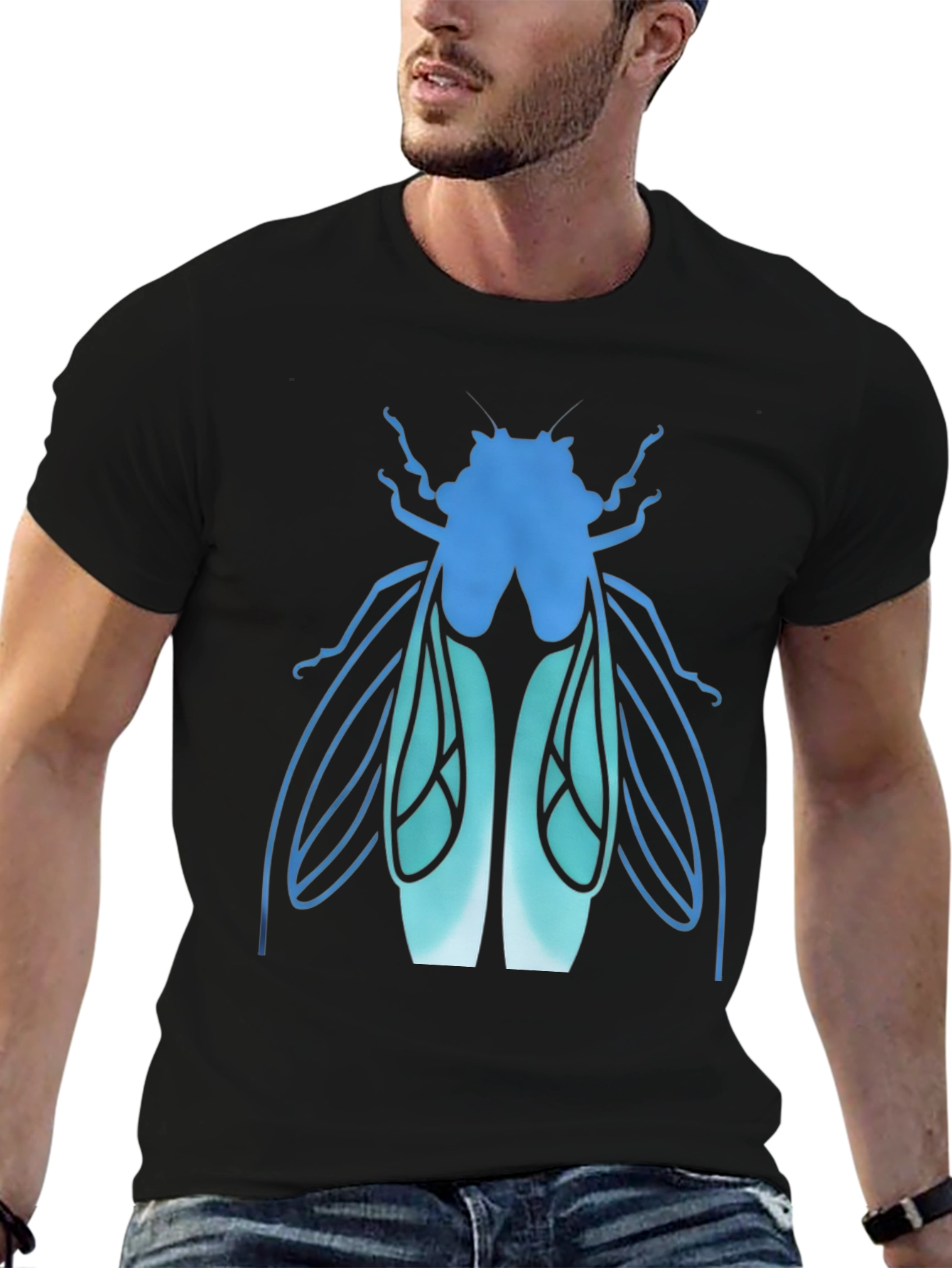Blue Insect Graphic Black T-Shirt