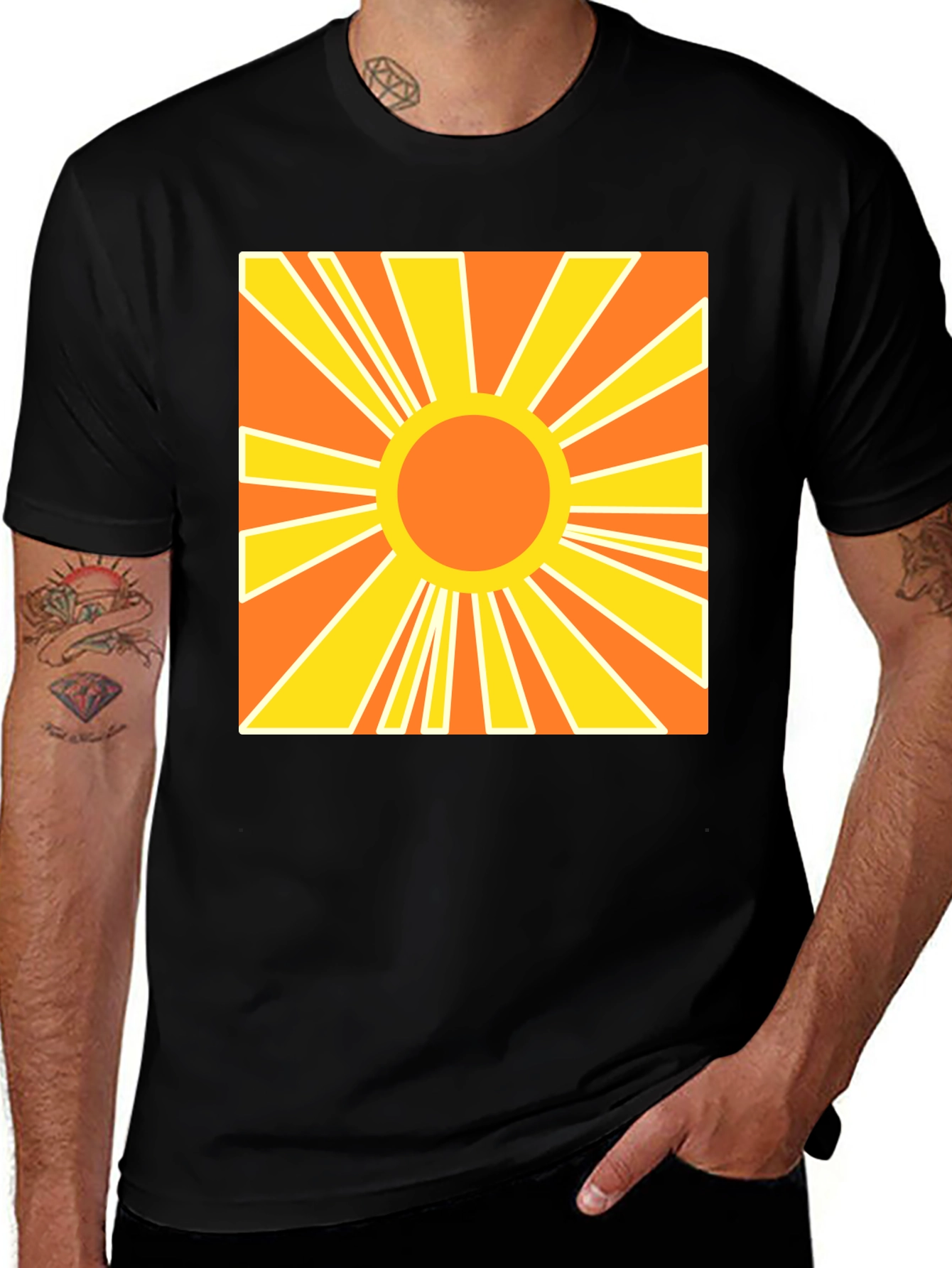 Retro Sunburst Graphic Tee - Black Cotton T-Shirt