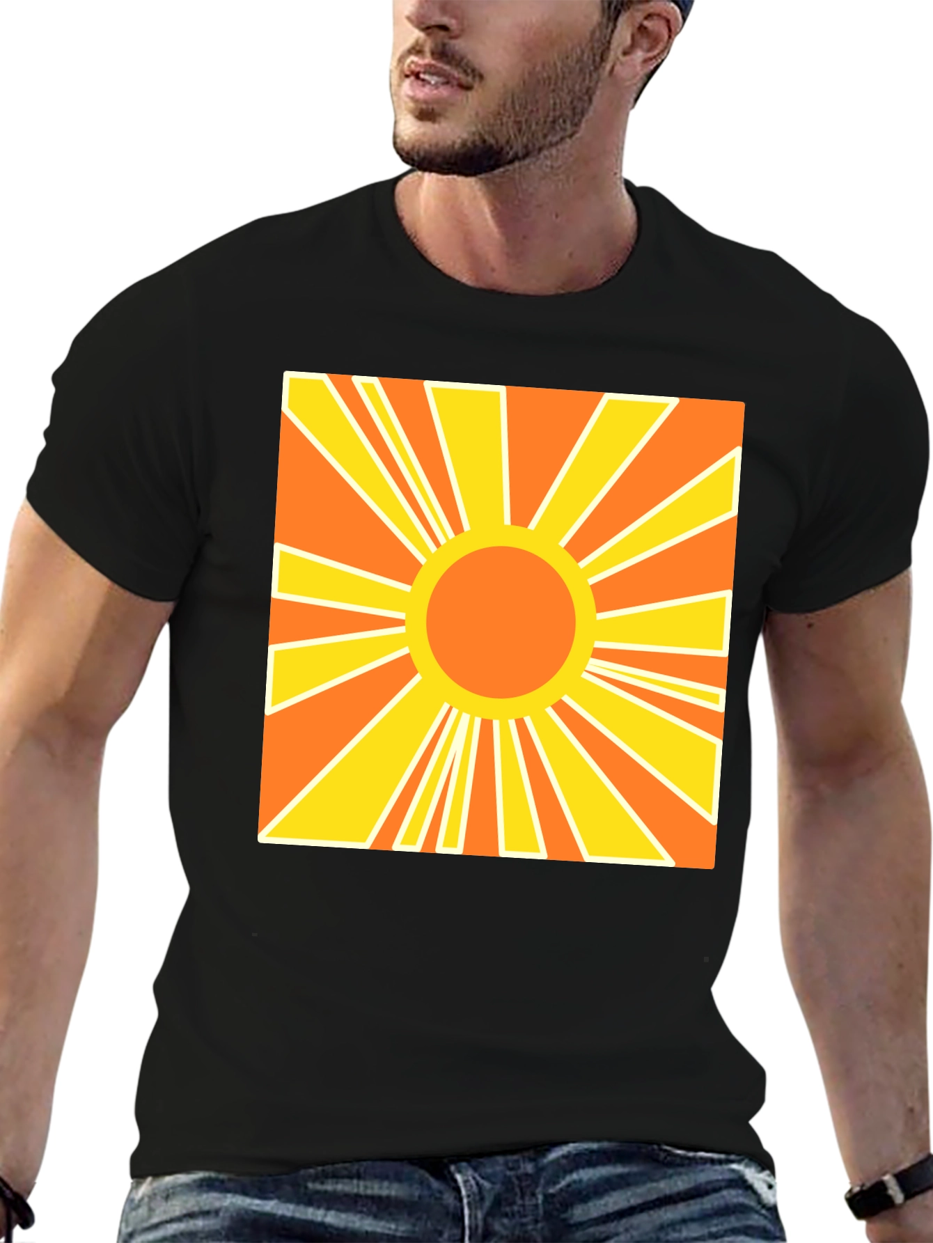 Retro Sunburst Graphic Tee - Black Cotton T-Shirt
