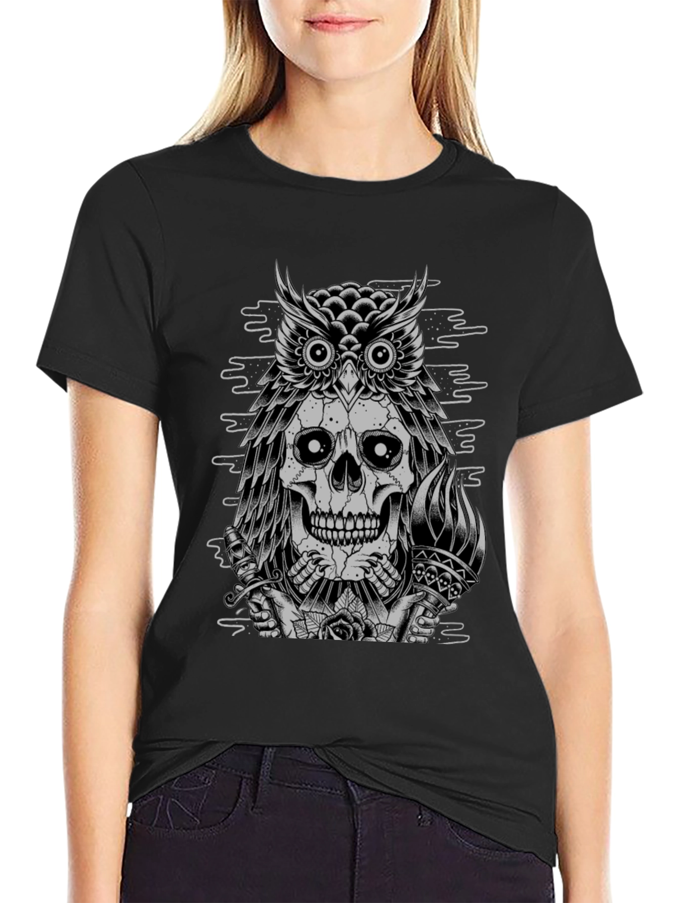 Skull Owl Graphic Print Crew Neck T-Shirt