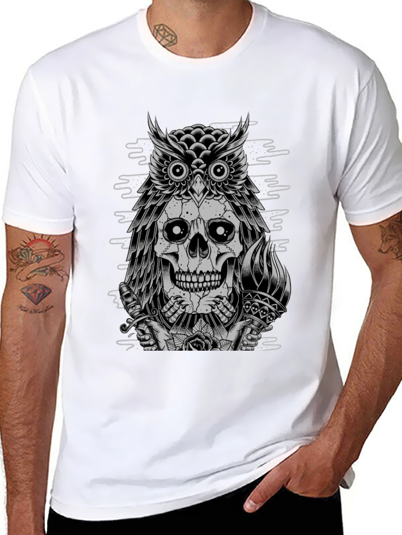 Skull Owl Graphic Print Crew Neck T-Shirt