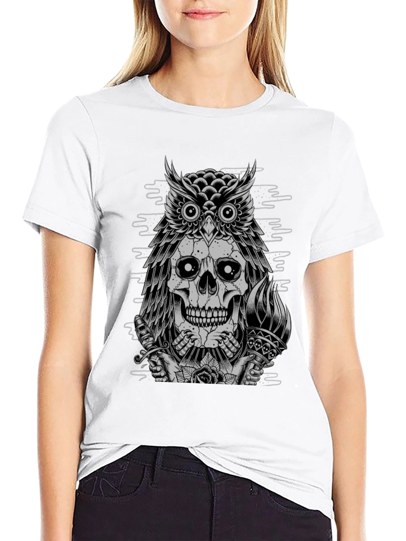 Skull Owl Graphic Print Crew Neck T-Shirt