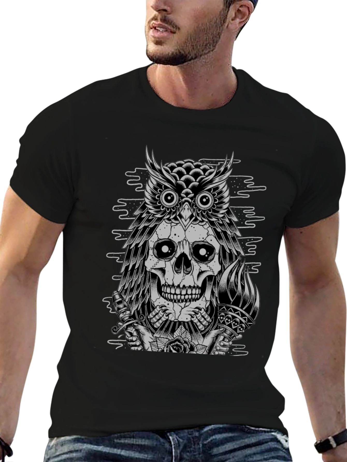 Skull Owl Graphic Print Crew Neck T-Shirt