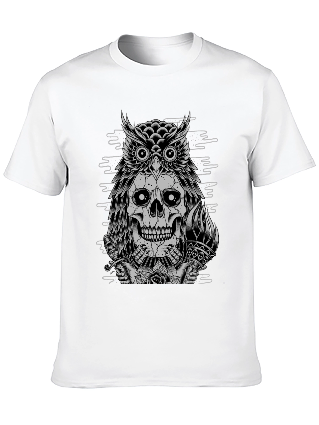 Skull Owl Graphic Print Crew Neck T-Shirt