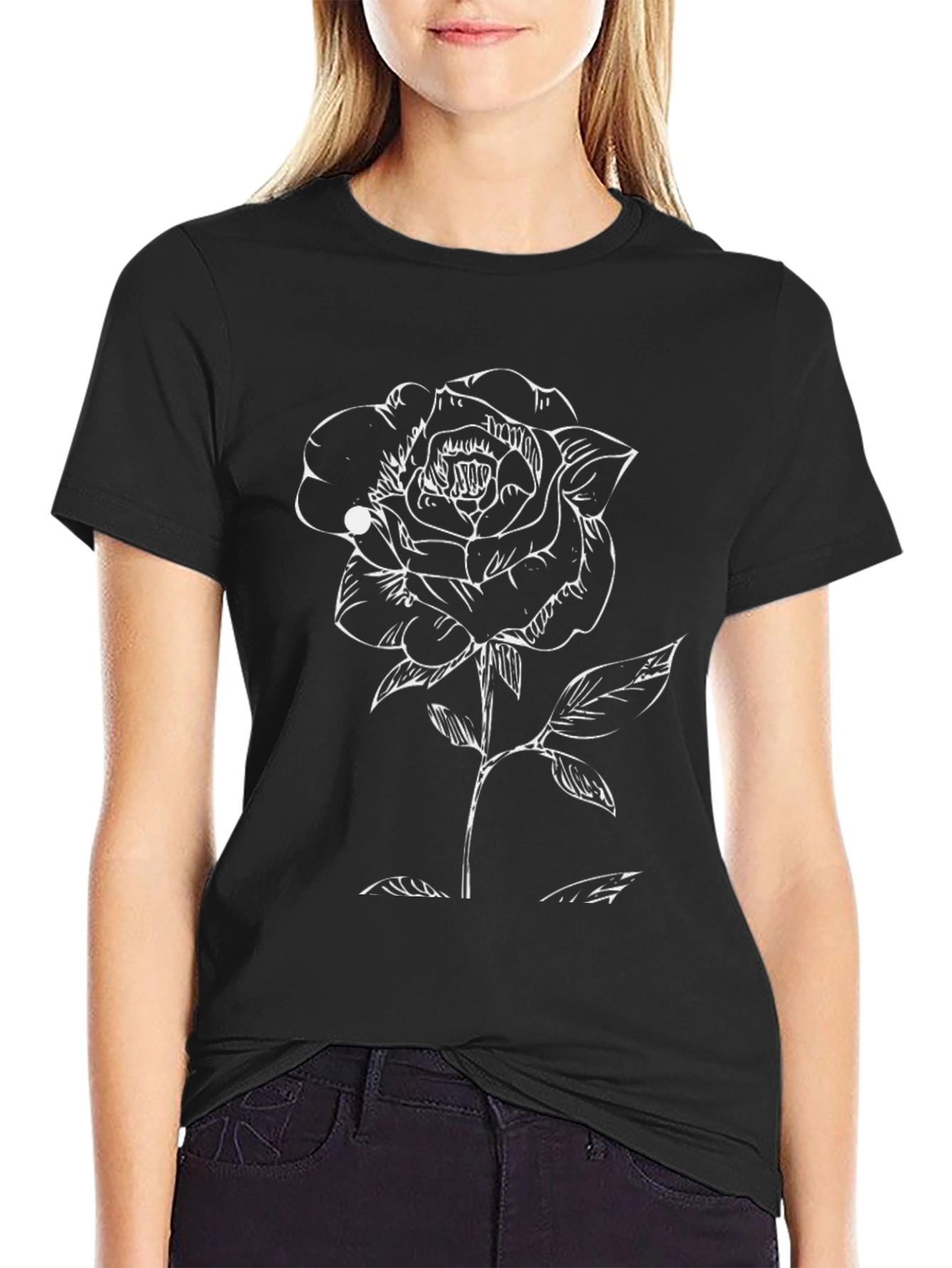 Black T-Shirt with White Rose Graphic