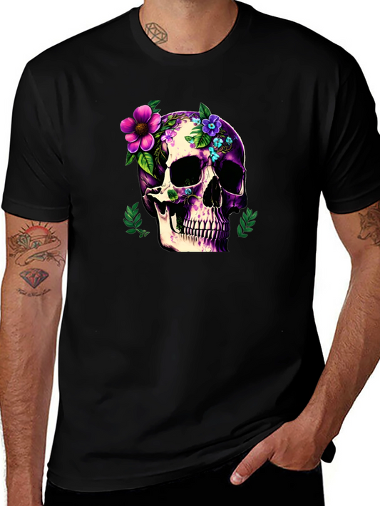 Floral Skull Graphic Tee - Stylish Mens Black T-Shirt