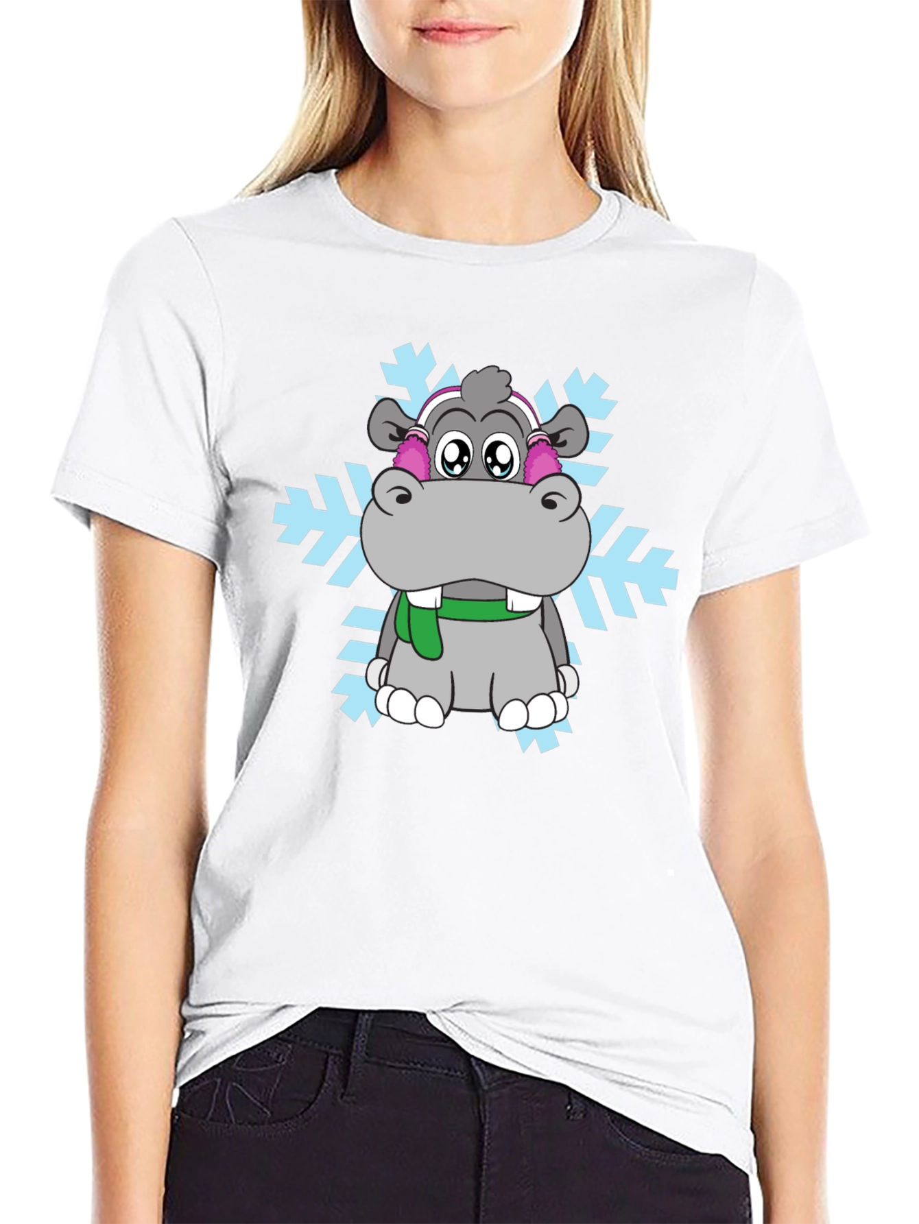 Hippo Snowflake Graphic Tee - Winter Holiday Shirt