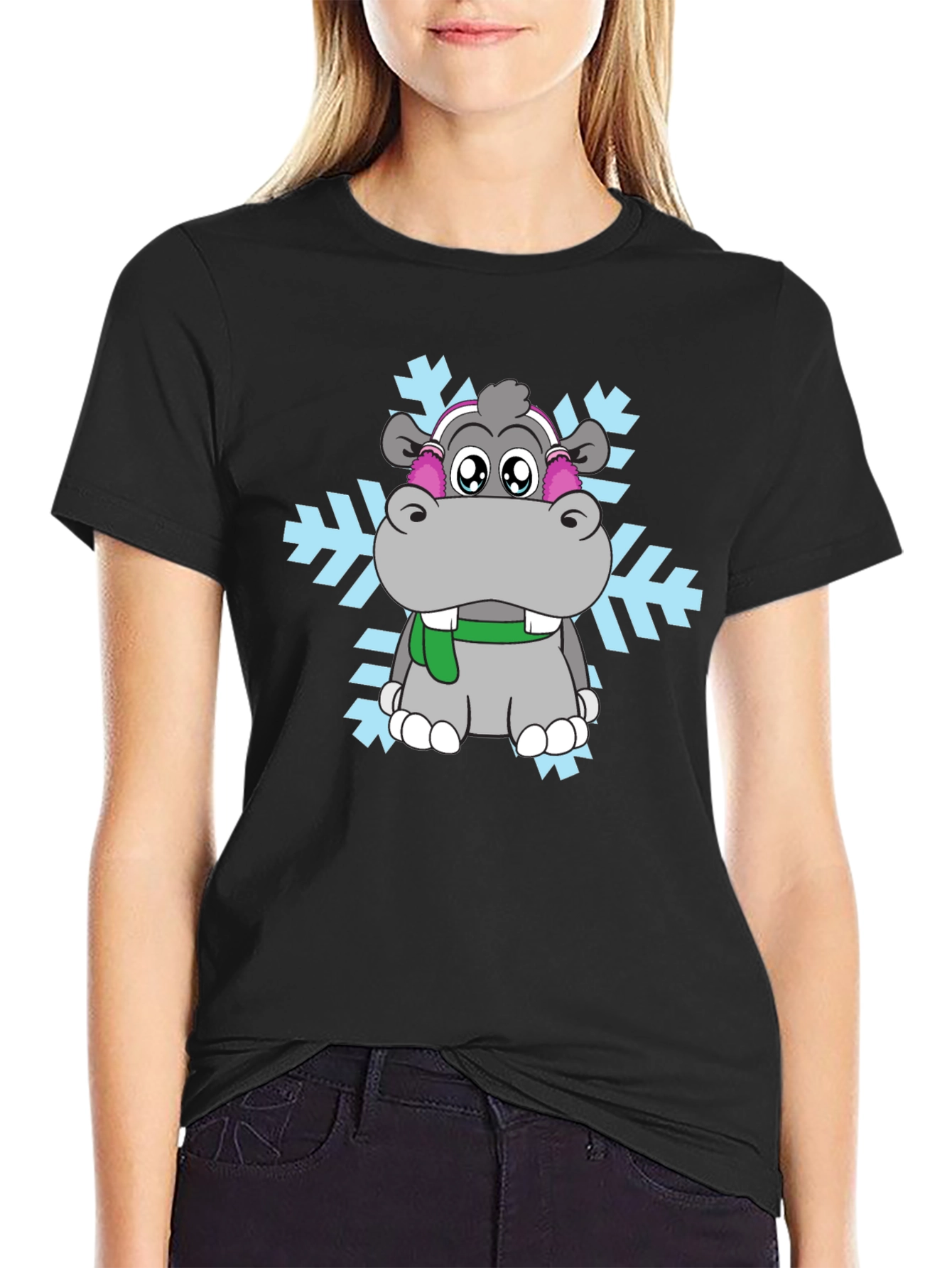 Hippo Snowflake Graphic Tee - Winter Holiday Shirt