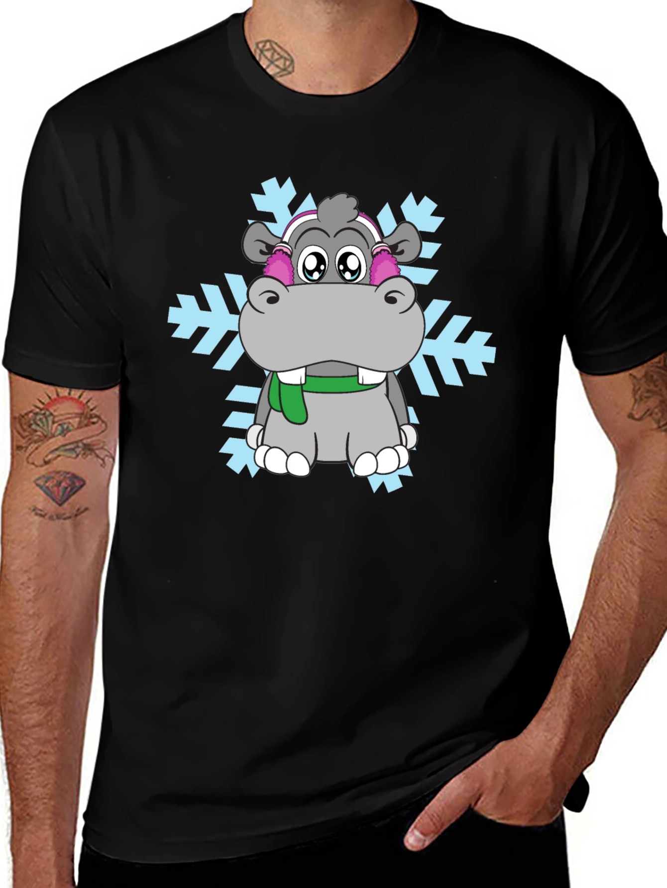 Hippo Snowflake Graphic Tee - Winter Holiday Shirt