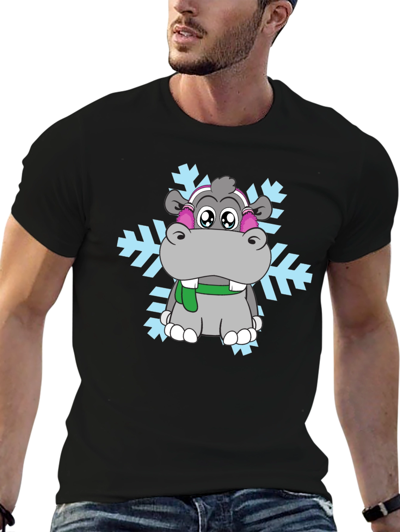 Hippo Snowflake Graphic Tee - Winter Holiday Shirt