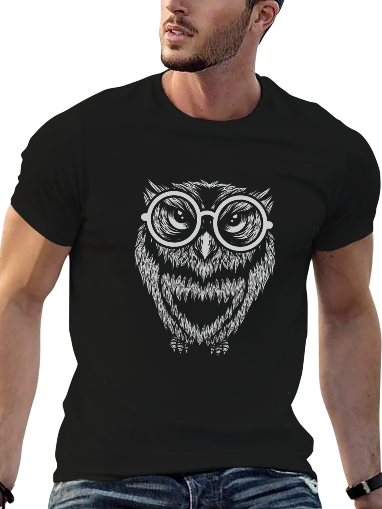 Cool Owl with Glasses Black T-Shirt