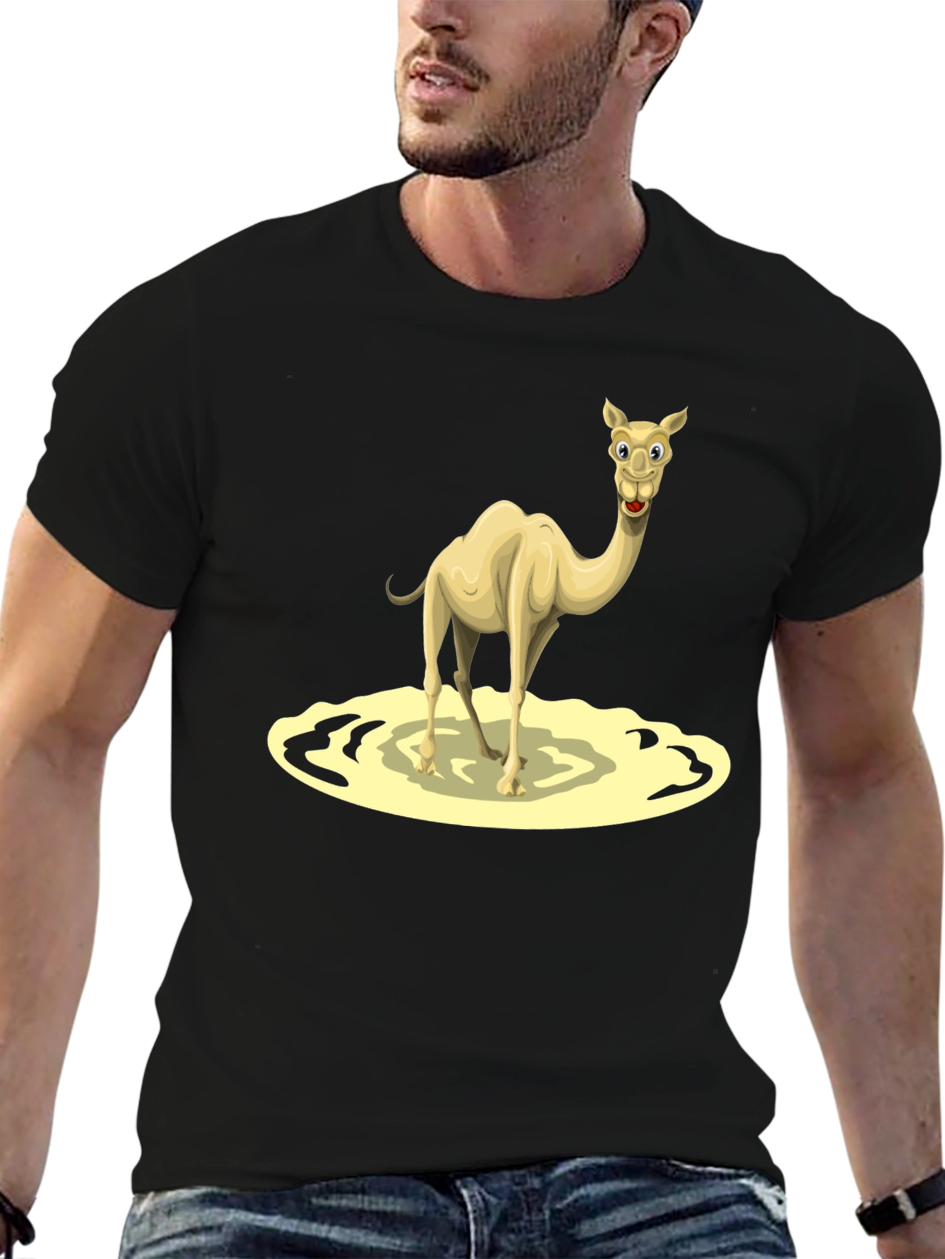 Camel Cartoon Graphic Tee - Black Cotton T-Shirt