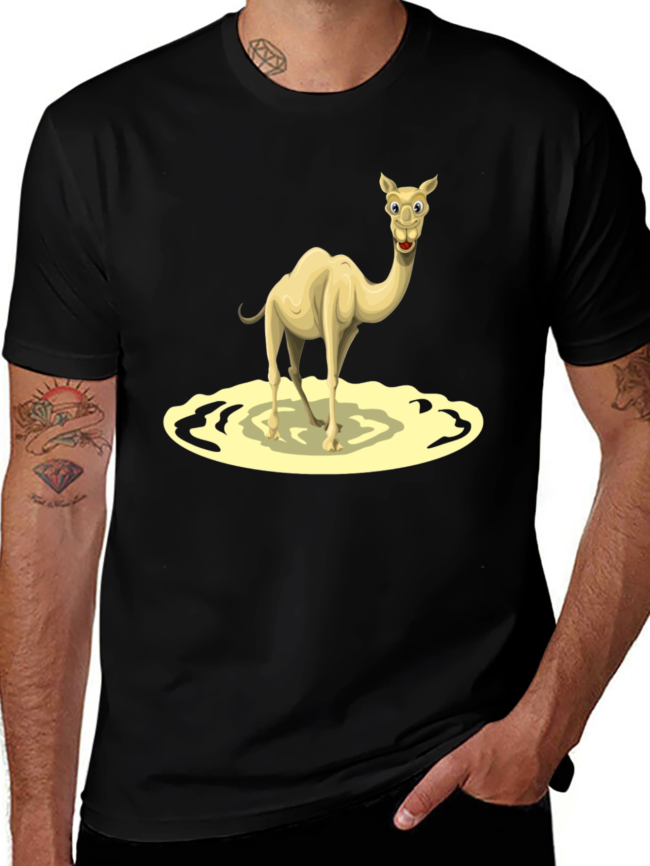 Camel Cartoon Graphic Tee - Black Cotton T-Shirt