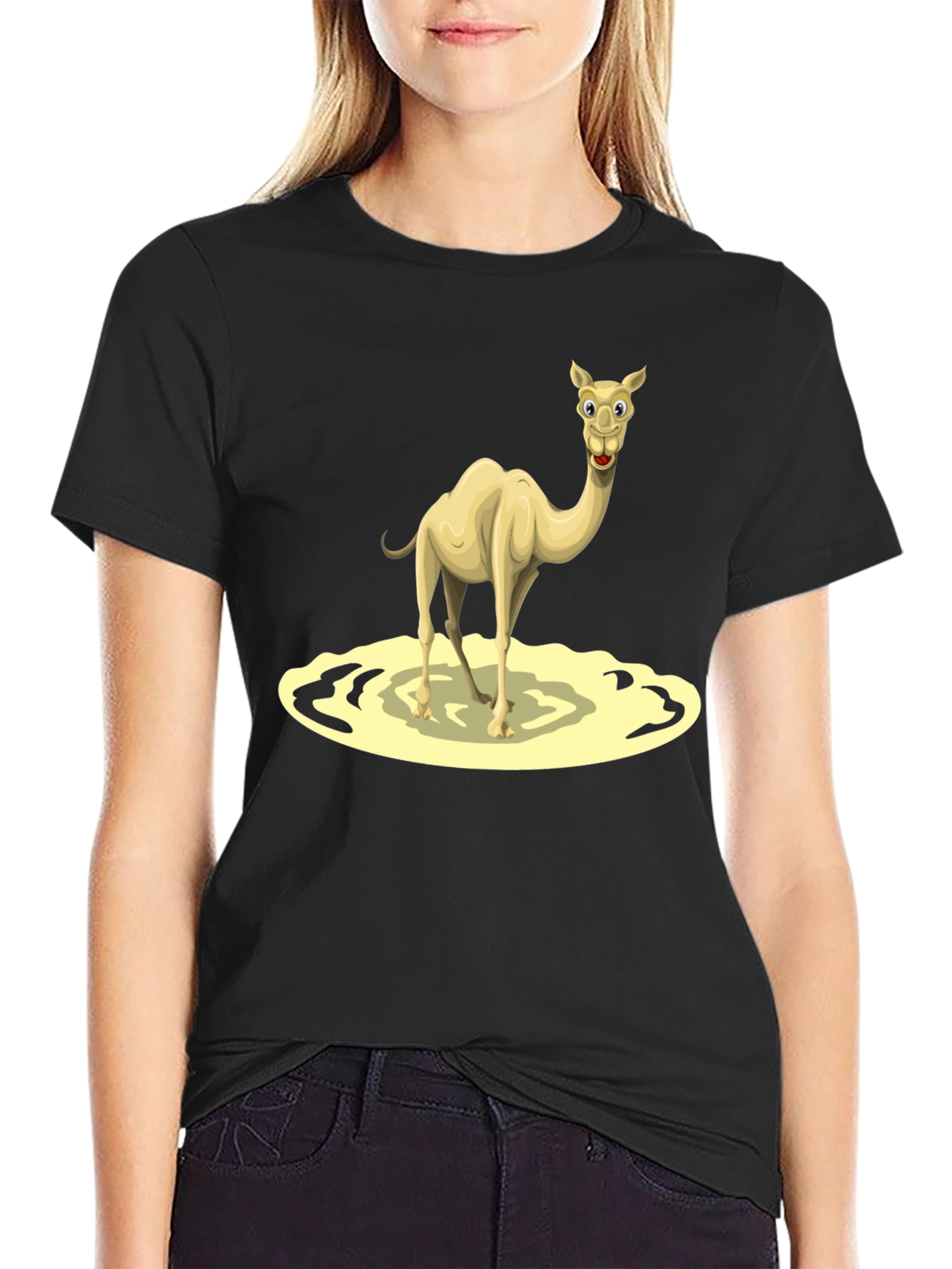 Camel Cartoon Graphic Tee - Black Cotton T-Shirt