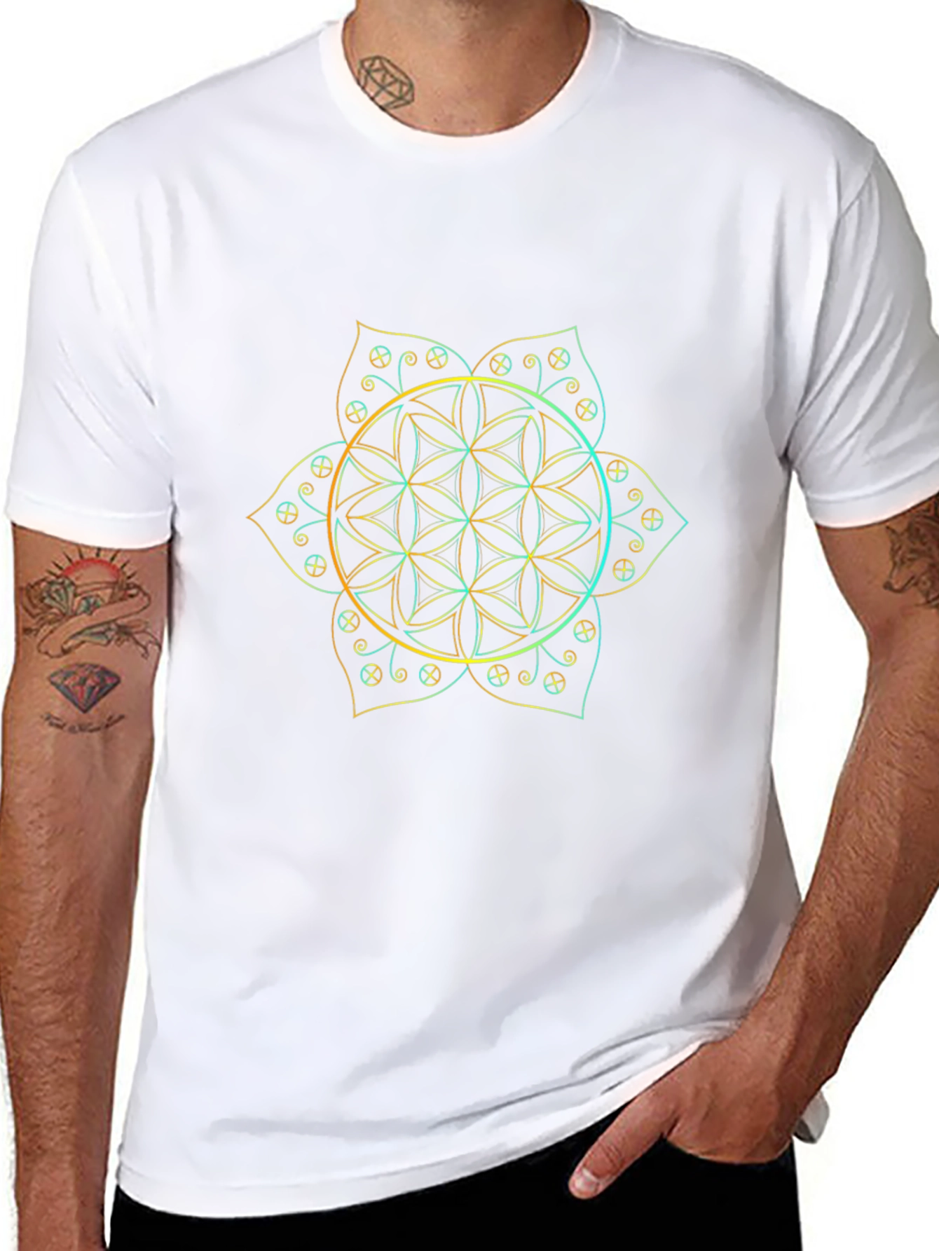 Geometric Flower of Life Graphic Tee - Black