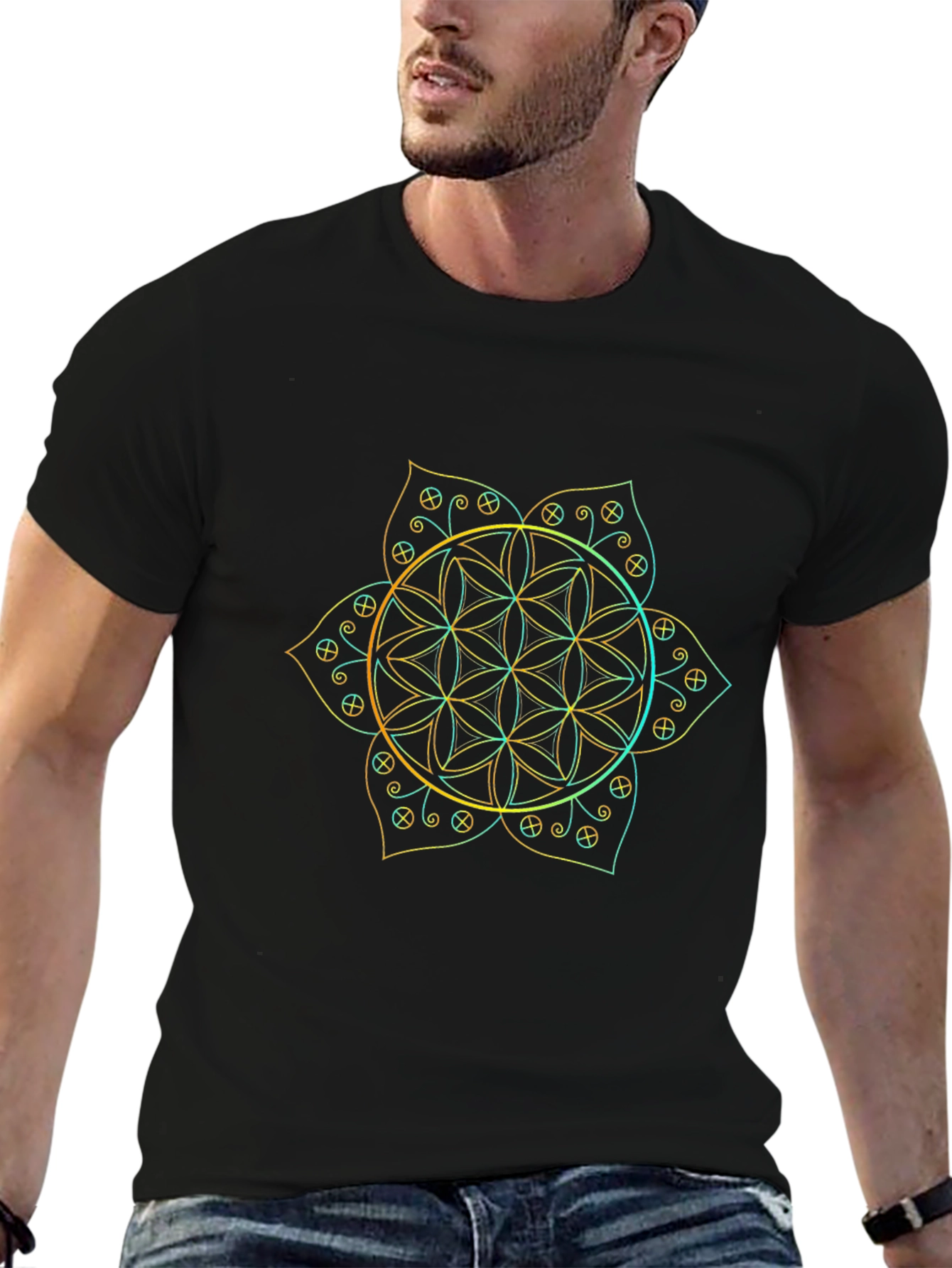 Geometric Flower of Life Graphic Tee - Black