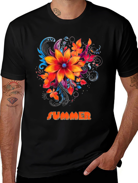 Summer Floral Graphic Print Mens Black T-Shirt