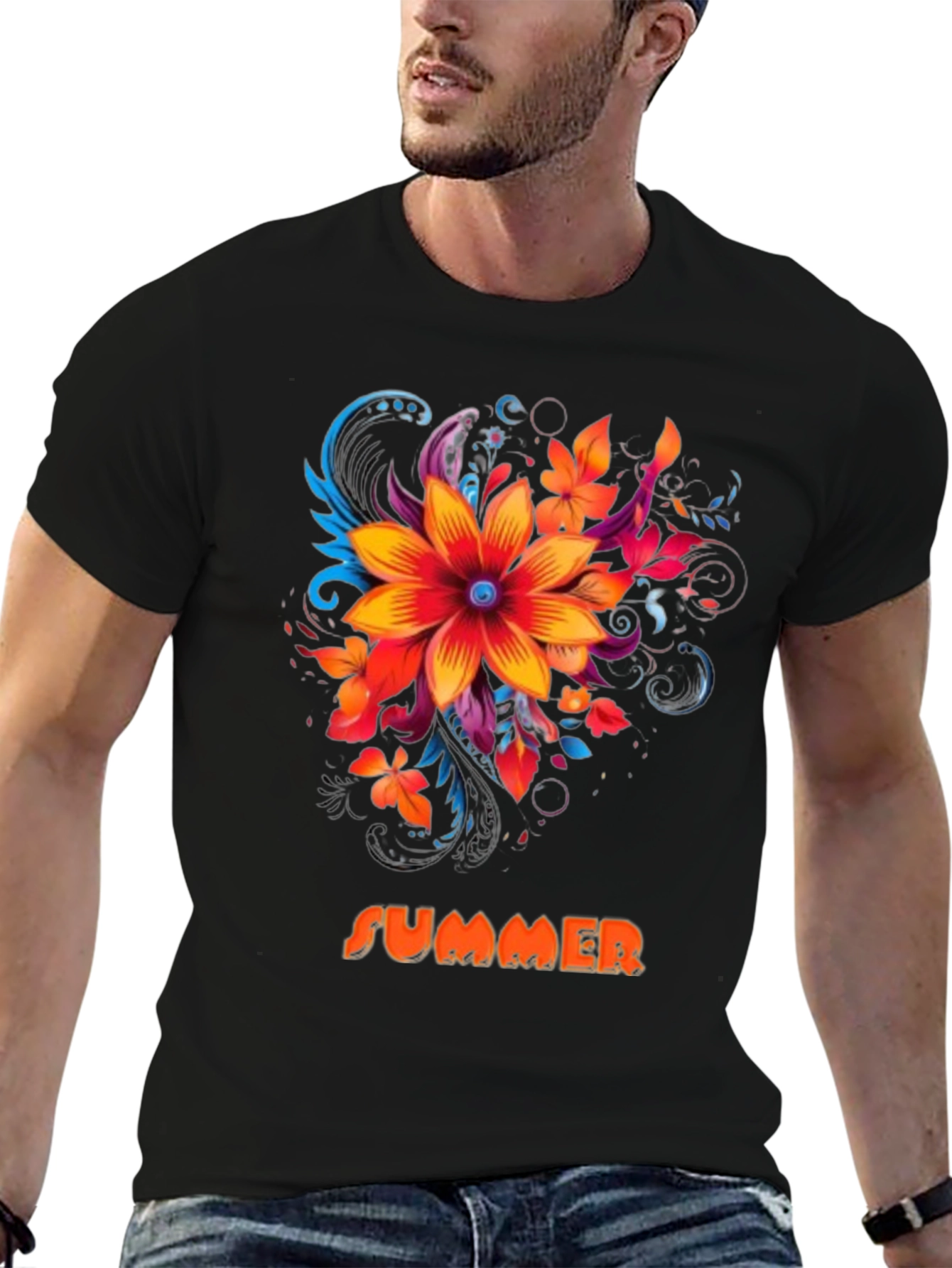 Summer Floral Graphic Print Mens Black T-Shirt