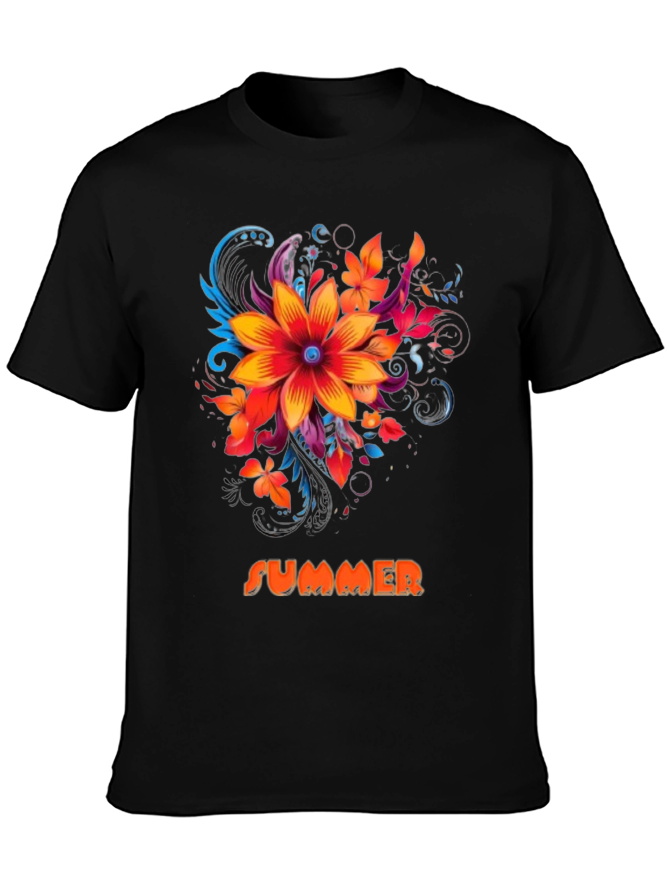 Summer Floral Graphic Print Mens Black T-Shirt